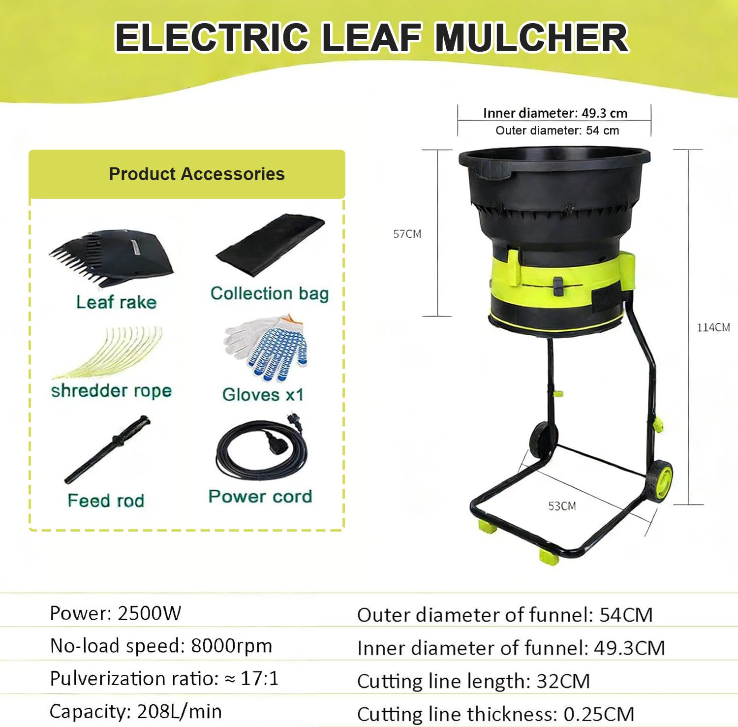 Trituradora de Jardín de 2500W,Trituradora Eléctrica de Ramas, Diámetro máximo de Entrada de alimentación 54 cm, Reducción de 17:1, Trituradora de Jardín 20m-Powercord