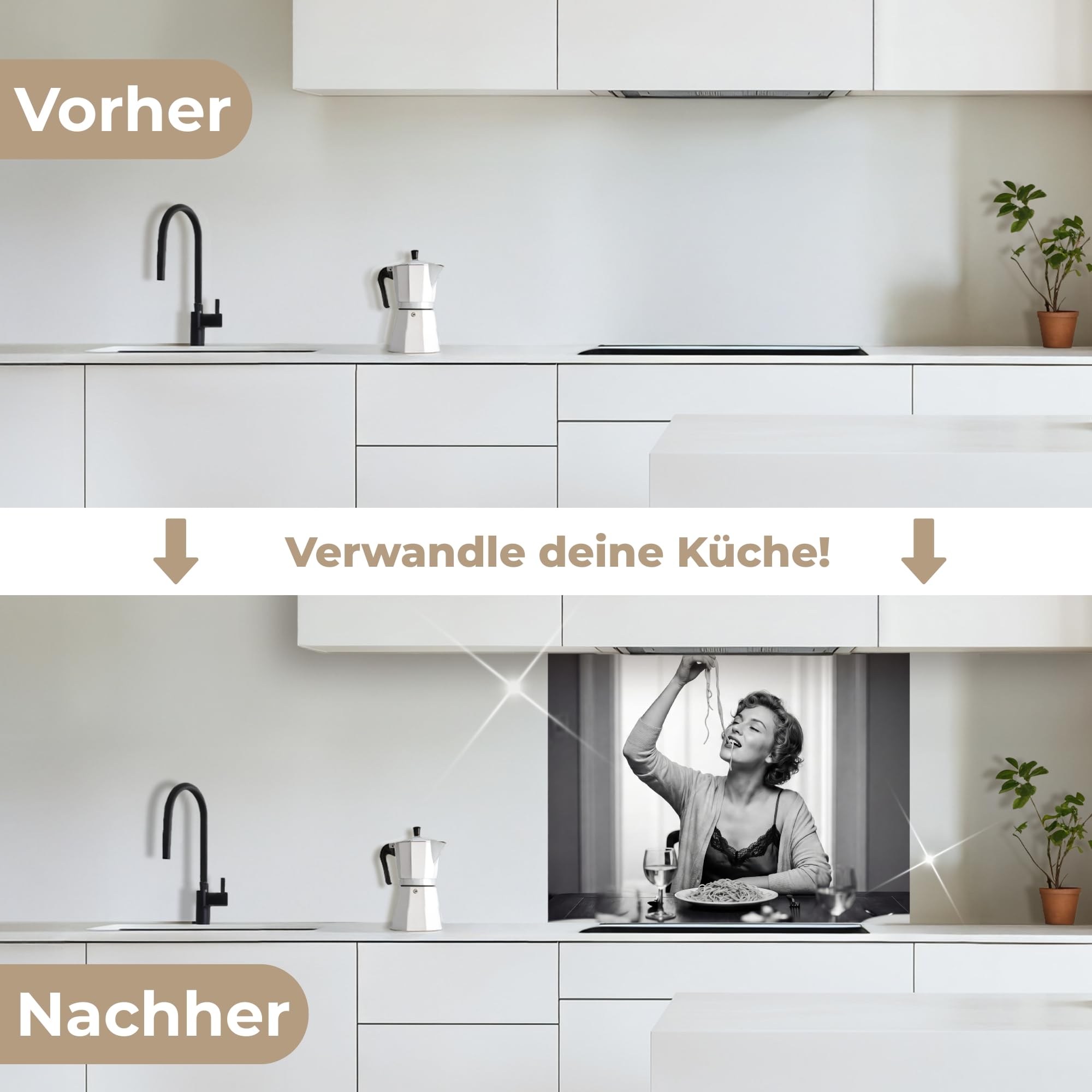KitchenYeah© Spritzschutz Küchenrückwand 60x80 cm Küche Abwaschbar Selbstklebend Küchenwand Küchenfront Küchen Rückenwand Wandschutz Frau - Spaghetti - Schwarz - Weiß