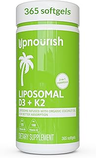 UpNourish Liposomal D3 & K2 MK-7, Advanced Absorption for Optimal Bone and Immune Health, Supplies 5000 IU 125 mcg Vitamin...