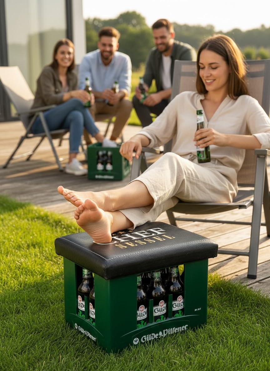 Cult at Home Bierkastensitz Chefsessel - Sitzkissen Bierkiste inkl. Bierdeckel Memospiel - Bierkasten Sitz Bierhocker für Bierkasten Getränkekiste - Geschenkideen für Papa - Geschenk für Männer