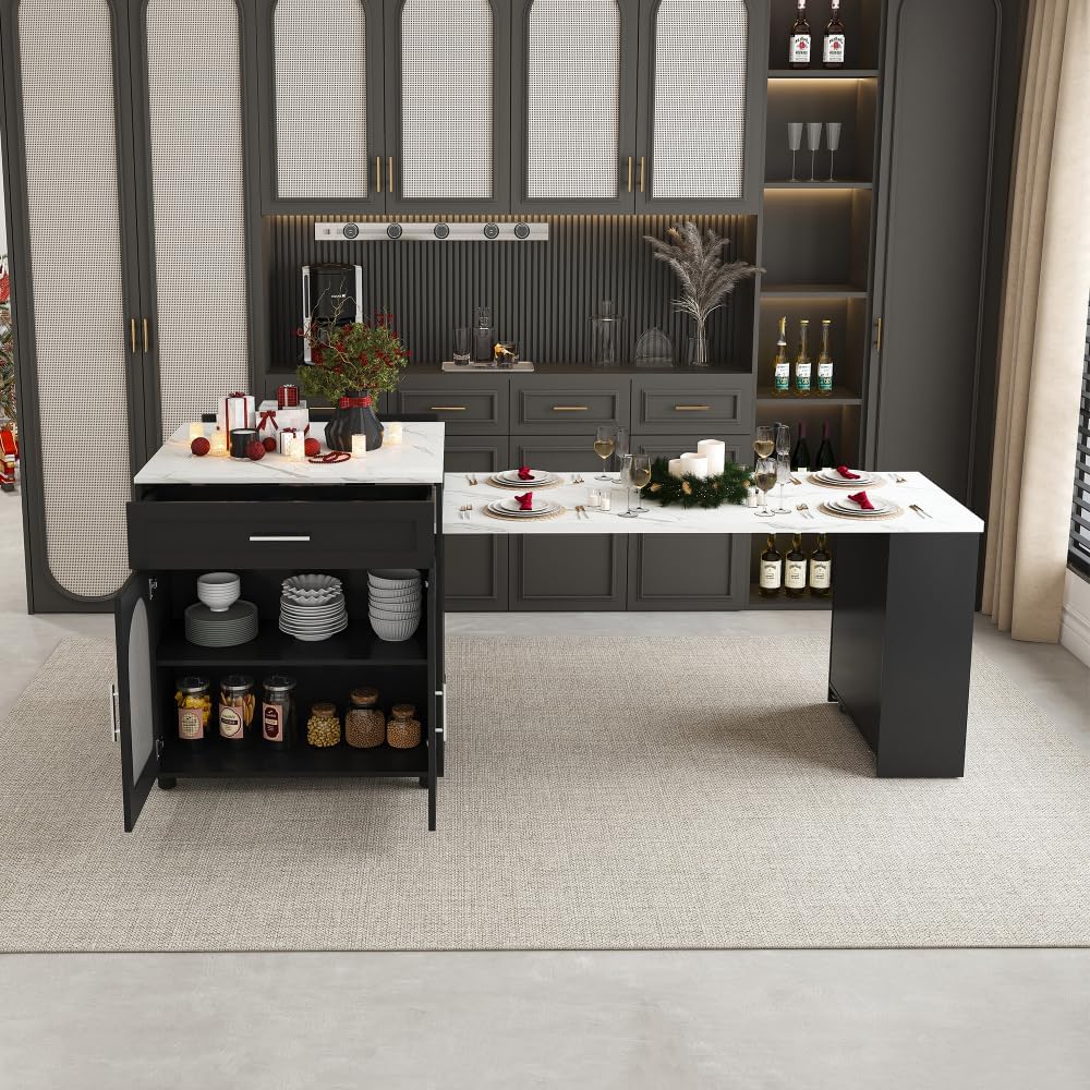 Lispin 80-inch Expandable Kitchen Island with Dining Table, Solid Wood Grain Countertop with Power Outlet, Mobile Storage Cart with Cabinet & 2 Drawers, Kitchen Prep Table (Black + MDF)