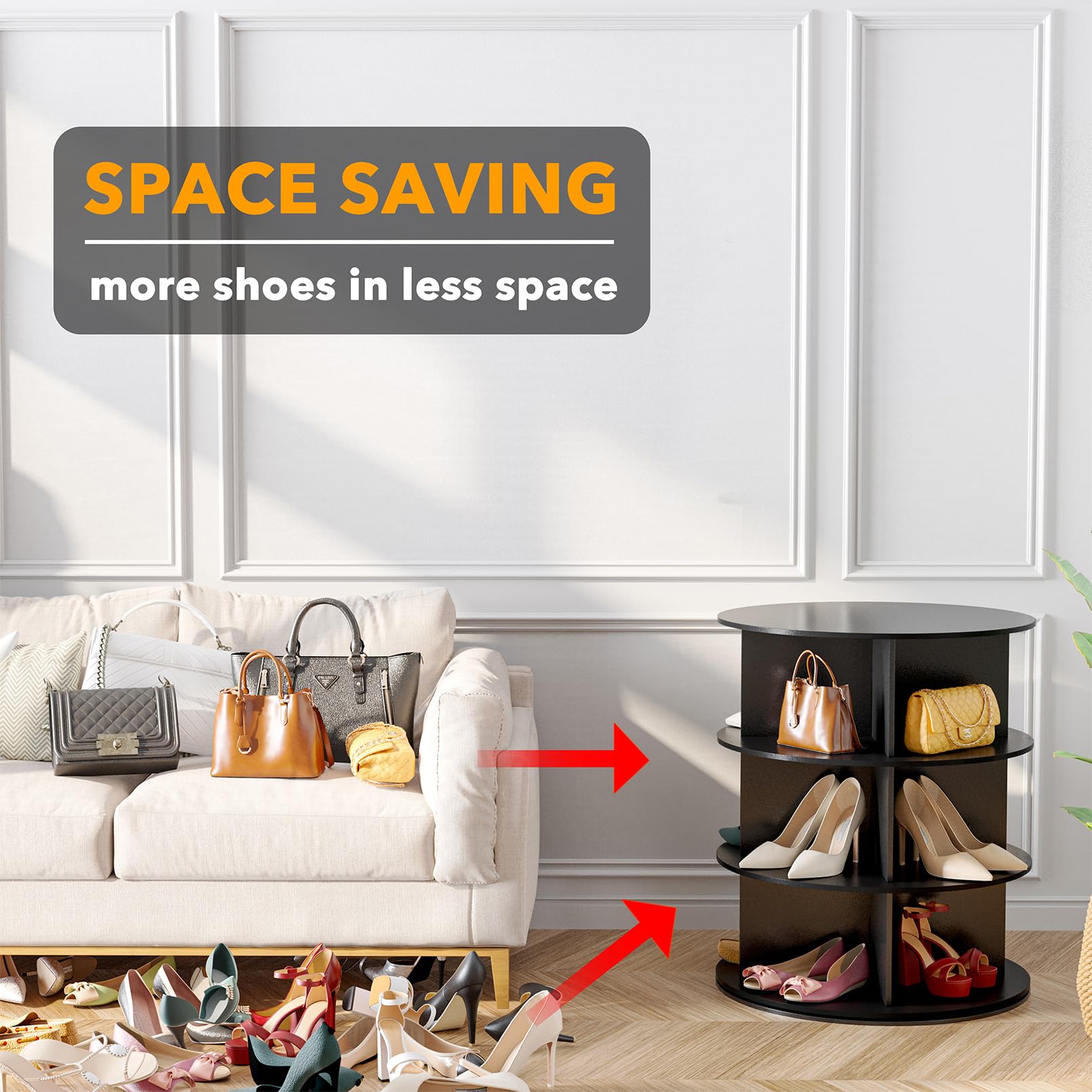 SpaceAid 3-stöckiges drehbares Schuhregal, drehbares Schuhregal, Lazy Susan, drehbares 360-Grad-Schuhregal, Aufbewahrung, rundes Karussell, vertikale Handtasche, drehbar, Schuhschrank, Organisation (3