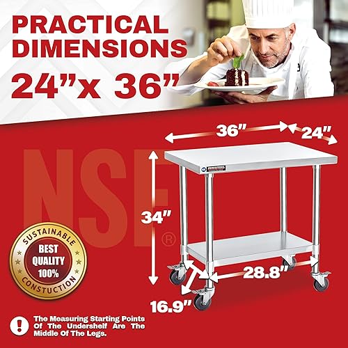 Vista 6 de DuraSteel - Mesa de acero inoxidable de 24 x 36 pulgadas, para preparación de alimentos, carrito de metal, mesa de trabajo comercial con ruedas