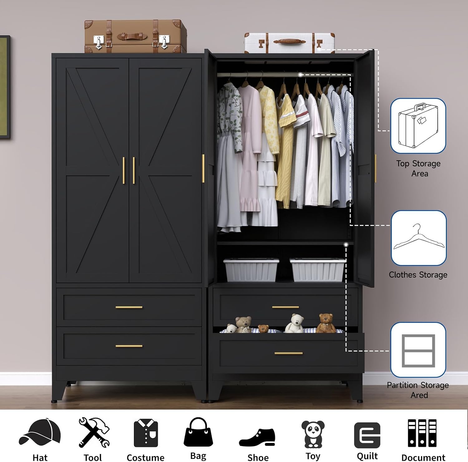 Steel Armoire Wardrobe Closet, 71" Metal Clothing Storage Cabinets with 2 Doors, 2 Drawers and 1 Adjustable Shelf, Black Wardrobe Cabinet with Hanging Rod for Bedroom, Gym