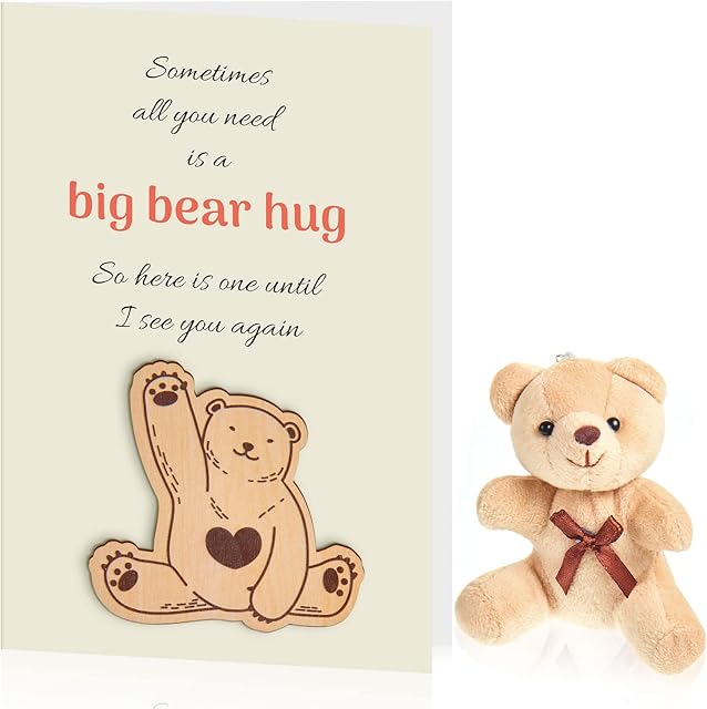 Sending You a Bear Hug Greeting Card and Plush Bear Toy Key Chain Thinking of You Inspirational Get Well Soon Cheer Someone up Miss You Leaving Gifts Pocket Hug Token for Women Friend
