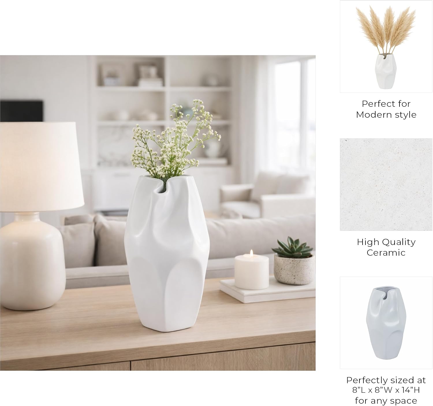 Ceramic Vase – Flower Holder for Table Decor, for Living Room, Dining, and Entryway Placement, Modern Sculptural Design Decorative Vase Home Decor Accent – 14", White