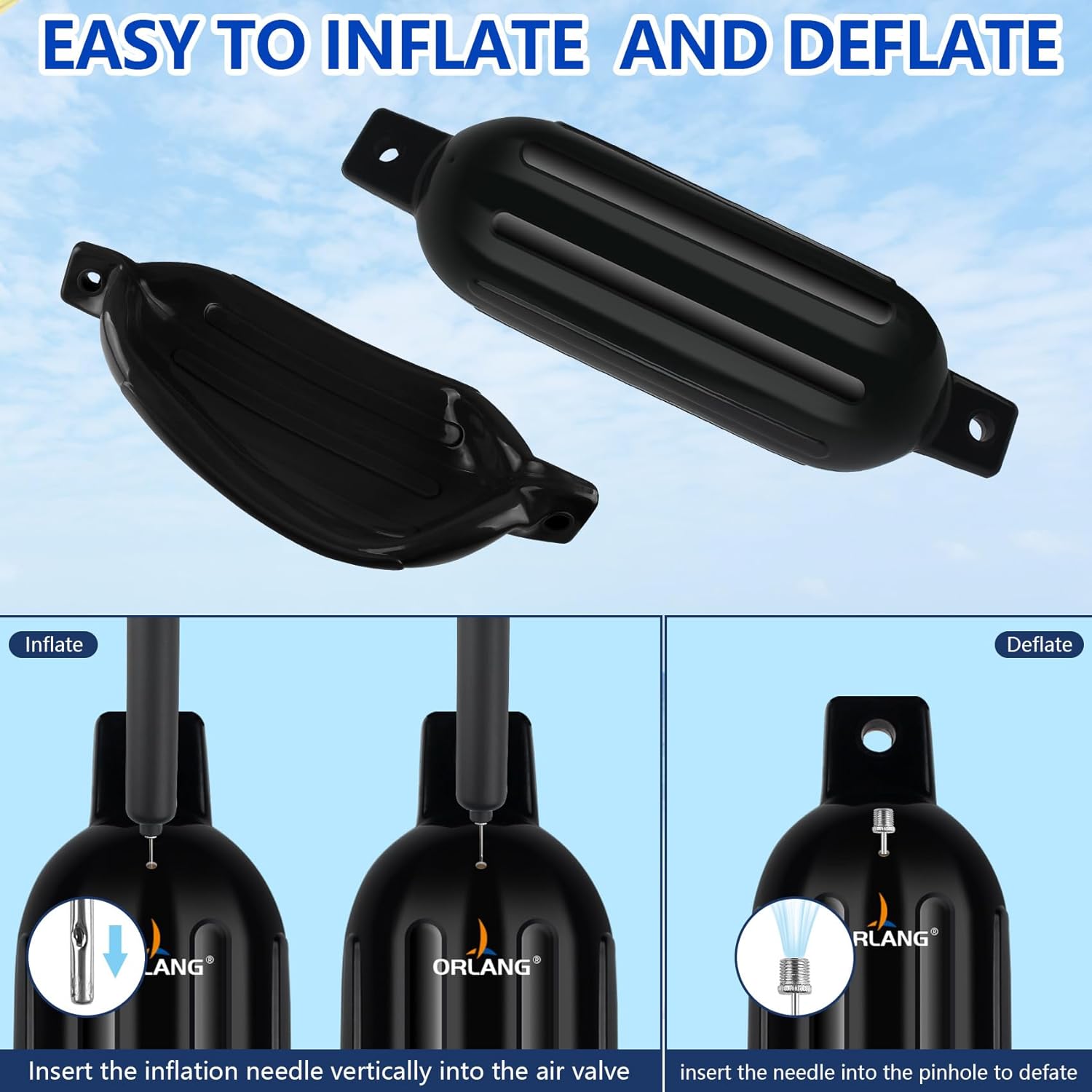 ORLANG 4.5in/5.5in/6.5in/8.5in/10in Boat Fenders, Boat Bumpers for Docking 4 Pack, Inflatable Ribbed Twin Eyes Vinyl Boat Bumpers Fenders with Air Pump,Ropes,Needles