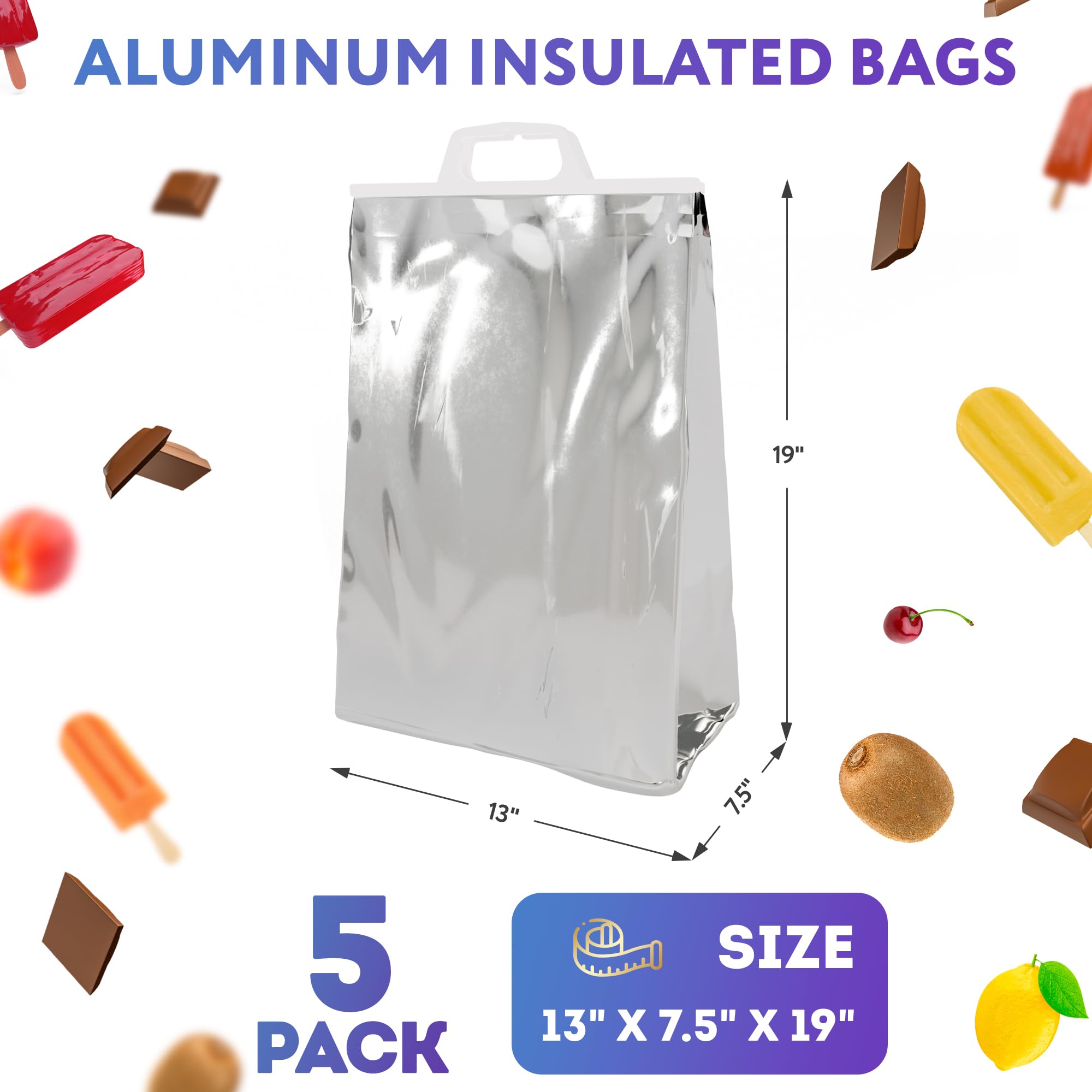 APQ Supply 5 metallische wiederverwendbare Thermo-Kühltaschen für Lebensmittel und Mittagessen, isoliert, 13 x 19 x 7,5 cm, für Lebensmittel, Obst, Fleisch, Gemüse, eiskalte Getränke