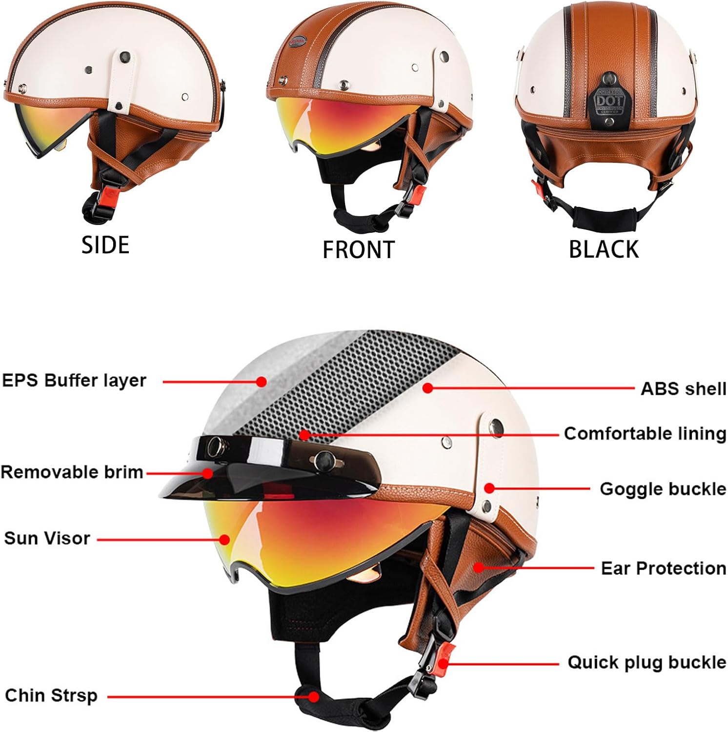 Vintage Half PU Leather Helmet Motorcycle Retro Open Face Revo Red Sun Visor Quick Release Buckle DOT Approved Cycling Motocross Suits Men Women
