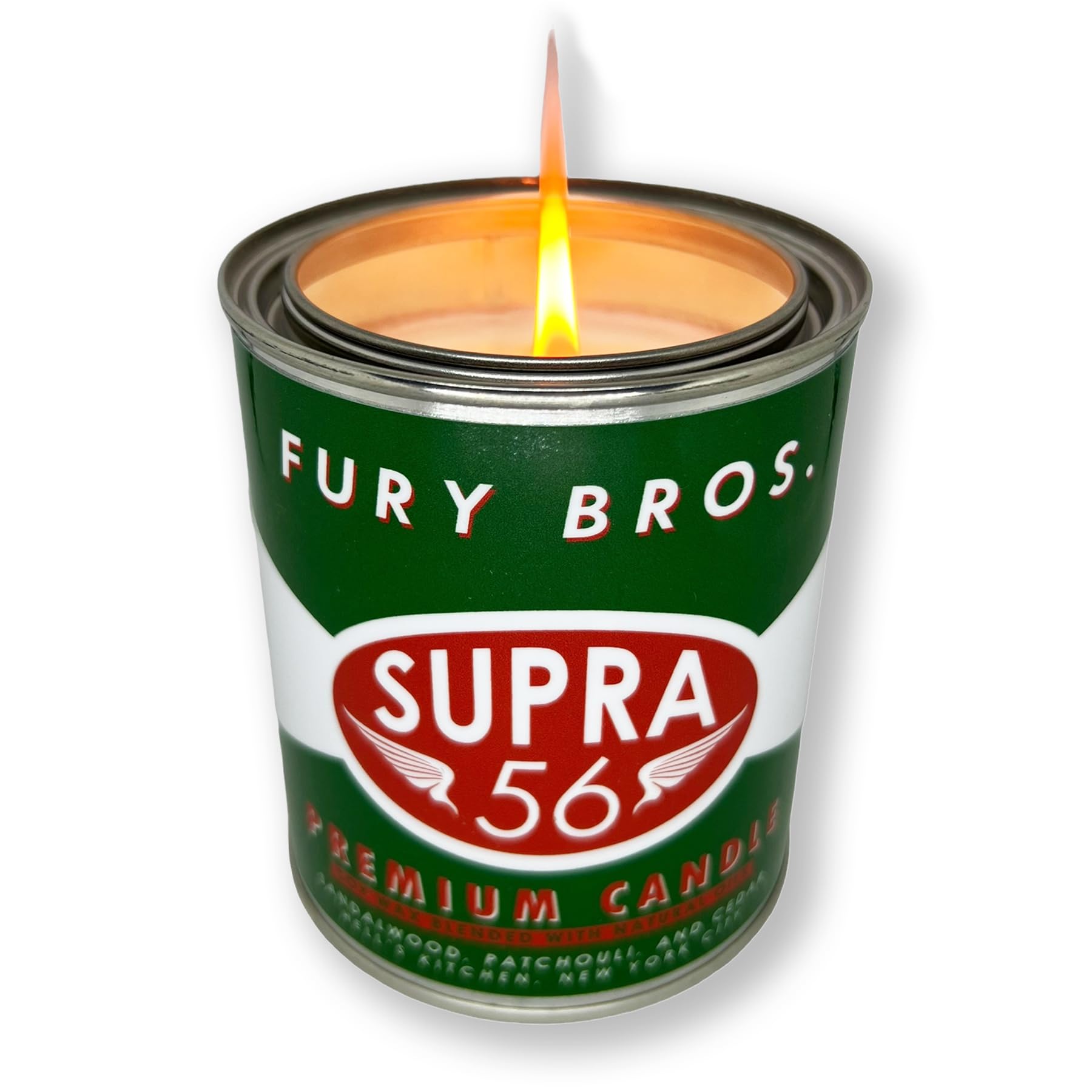 Fury Bros. Scented Candles for Men | Supra 56 | Sandalwood Patchouli Cedar | Natural Soy Wax | Hand-Poured in The USA | Long 70-80 Hour Burn (12.5 oz) | Vintage-Inspired Tin Design | Dad Home Gift