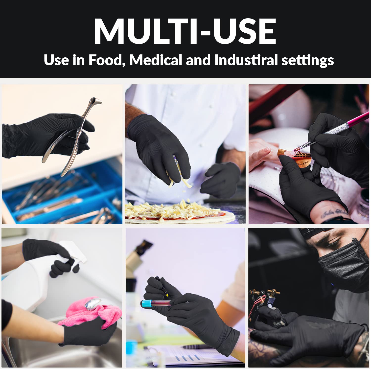 Klex Guantes de nitrilo para examen, grado médico, sin polvo, sin látex de goma, guantes desechables de grado de examen, aptos para alimentos, color negro, grande, 1000 unidades