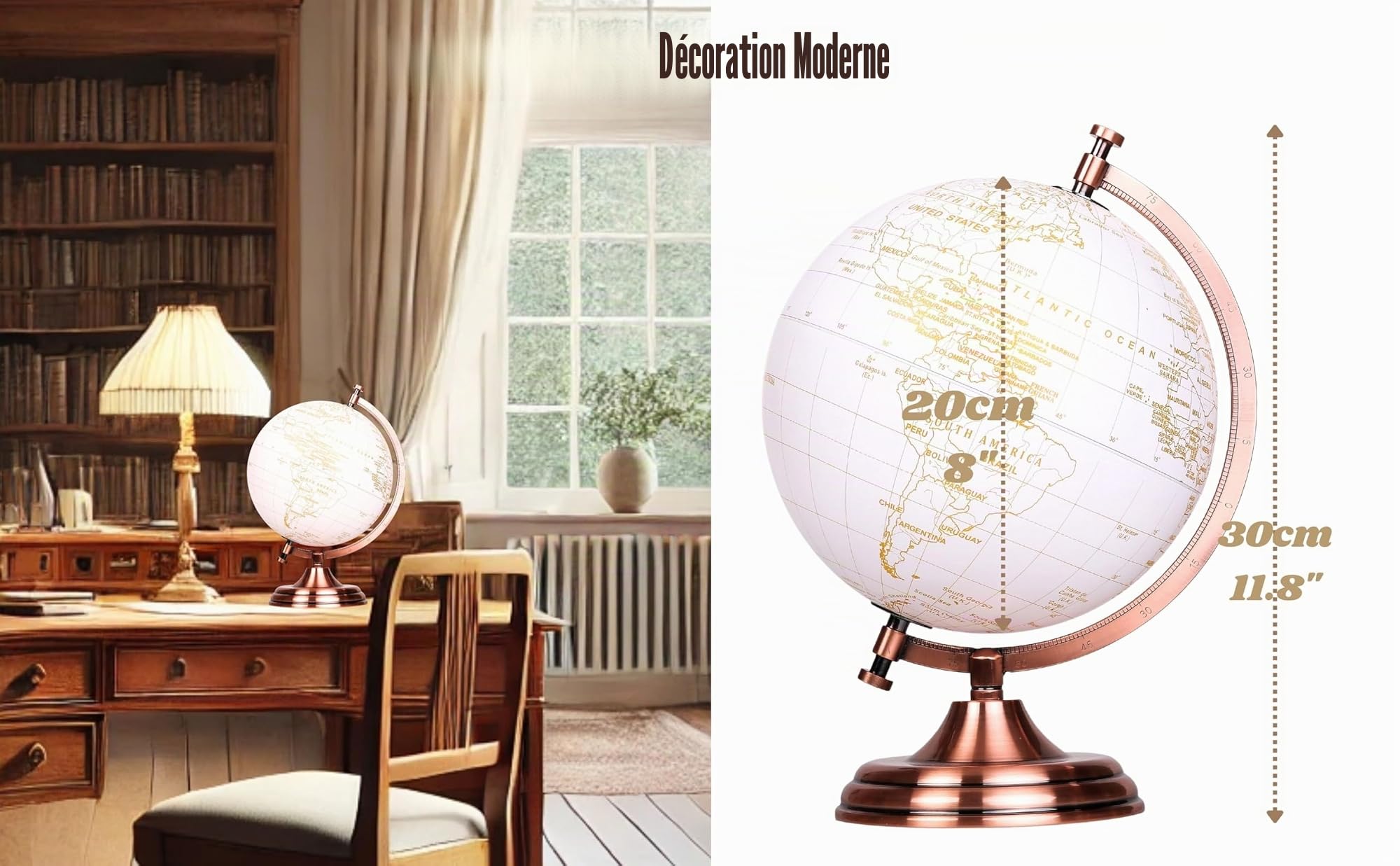 EXERZ 20cm Globe d'or Couleur Métallique - Carte en Anglais - Décoration De Bureau Éducative, Géographique Et Moderne - Arc Et Base En Métal, Revêtus De Couleur Dorée