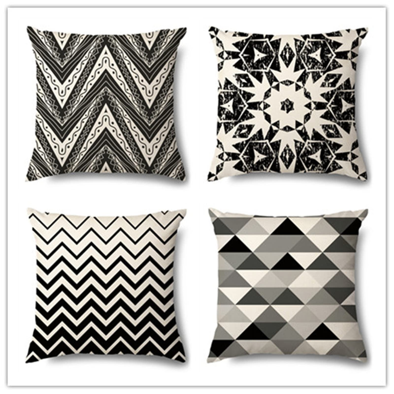 ACTUS 幾何学模様 クッションカバー 4点セット Amazon.co.jp: クッションカバー 北欧 4枚セット 黒の幾何学 16x16 in