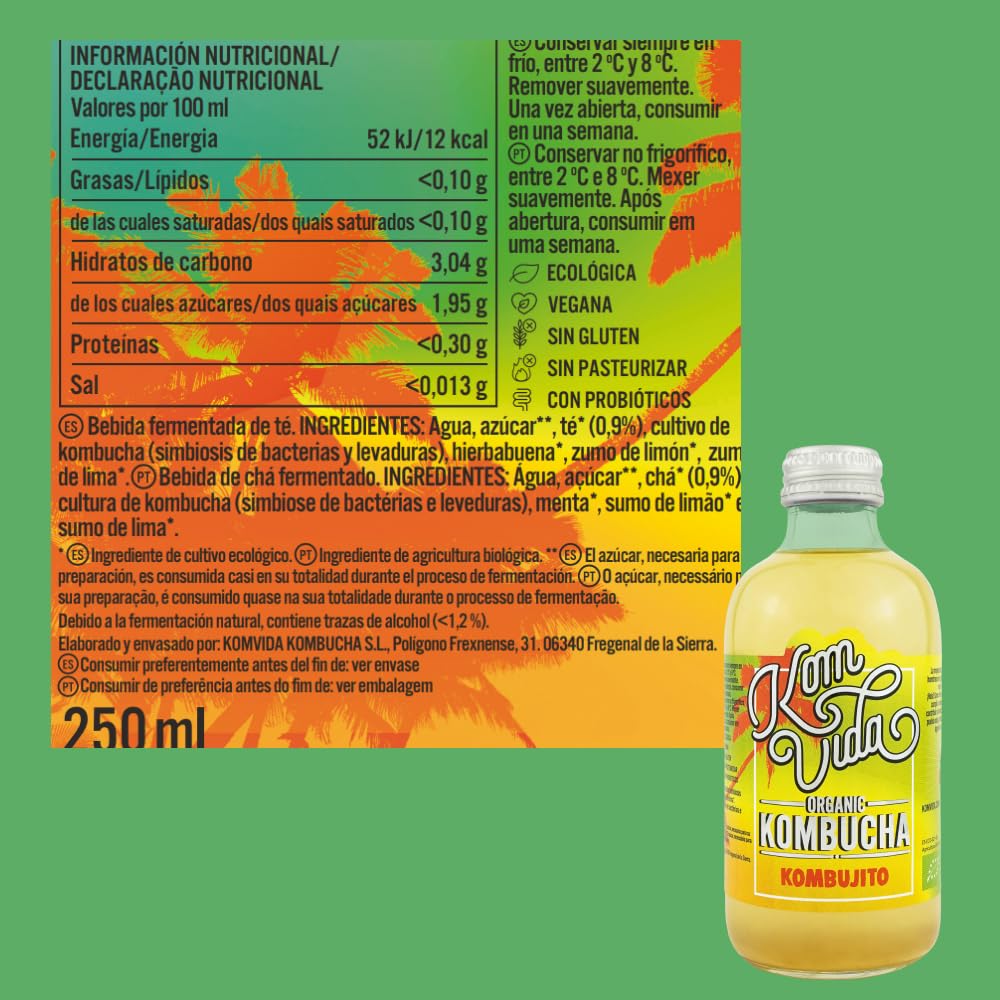 Té kombucha. Komvida. Kit sabor Mojito. 12 botellas de 250 ml. Envío en frío.