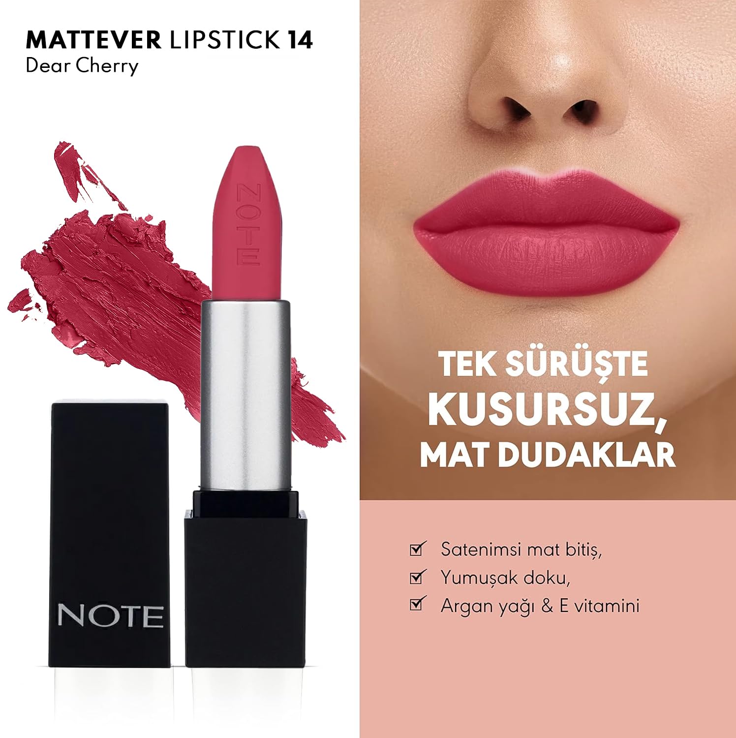 Note Cosmetics Mattever Lipstick 14 Dear Cherry Yarı Mat Saten Bitişli Ruj, Pembe