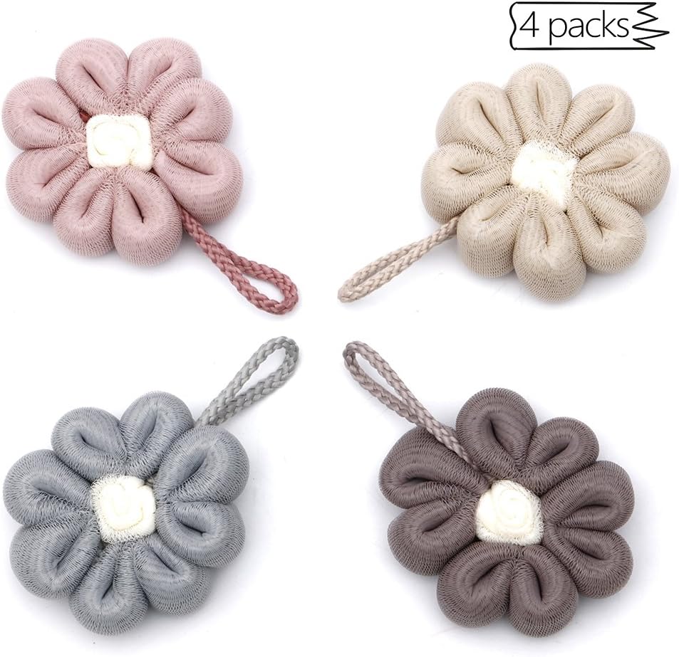 Flower Shower Mesh Pouf Bath Sponge Exfoliating Loofahs Lather Bath Ball Body Scrub Flower Puff Sponge For Men / Women (Set of 4-Pack, 4 Colors)