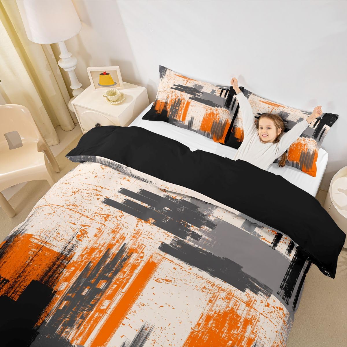 Feelyou Kids Orange Grey Black Bedding Set Queen Size Abstract Art Duvet Cover for Boys Girls Bedroom Decor Geometric Comforter Cover Set Modern Bedspread Cover with 2 Pillow Case