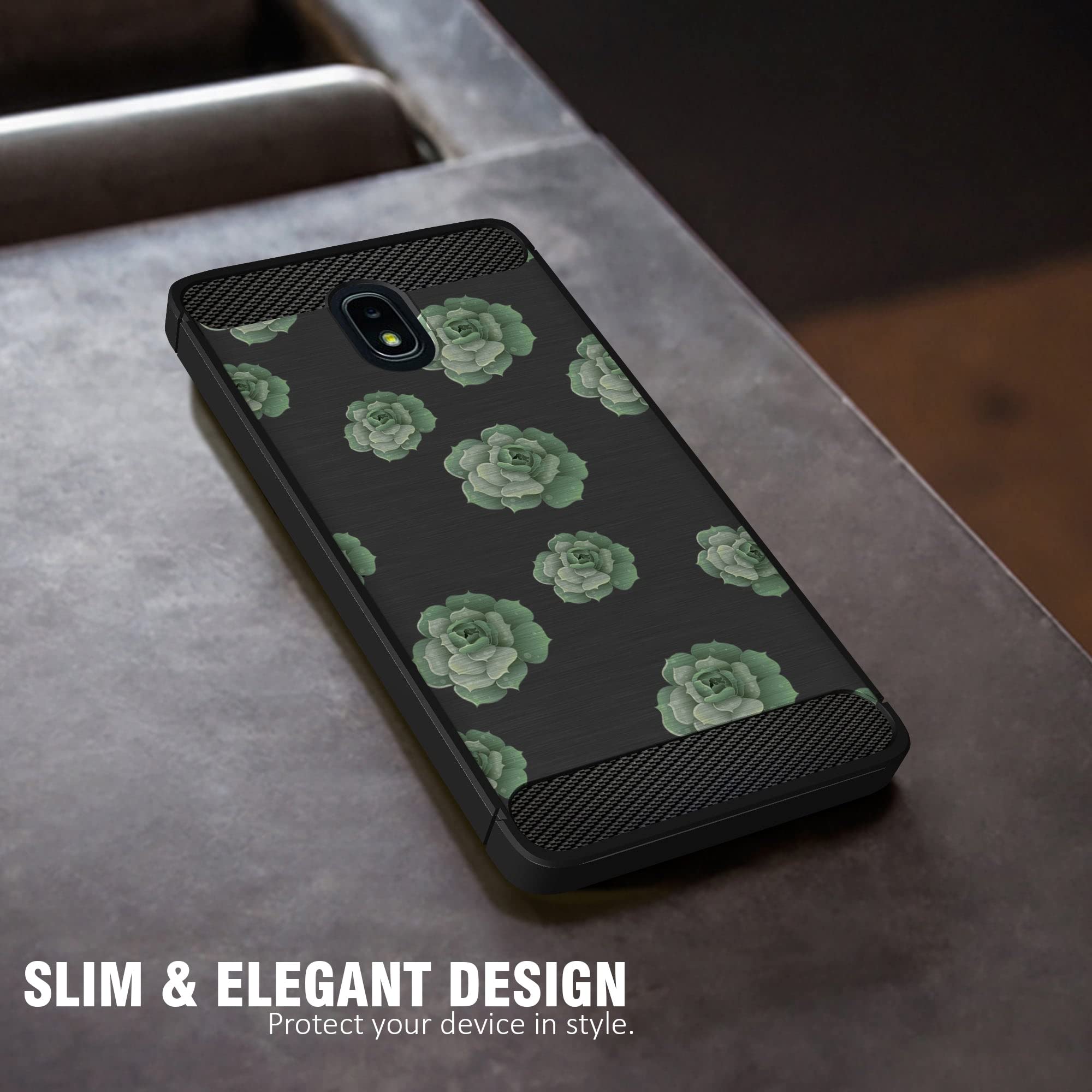 CasesOnDeck Case Compatible with [J7 (2018)/ J7 Refine/ J7 Star/ J7 Top/ J7 Aero/ J7 Crown][Grip Tactical] Hybrid Case with Rubberized Grip Exterior Inner Flexible TPU Cover (Succulents)