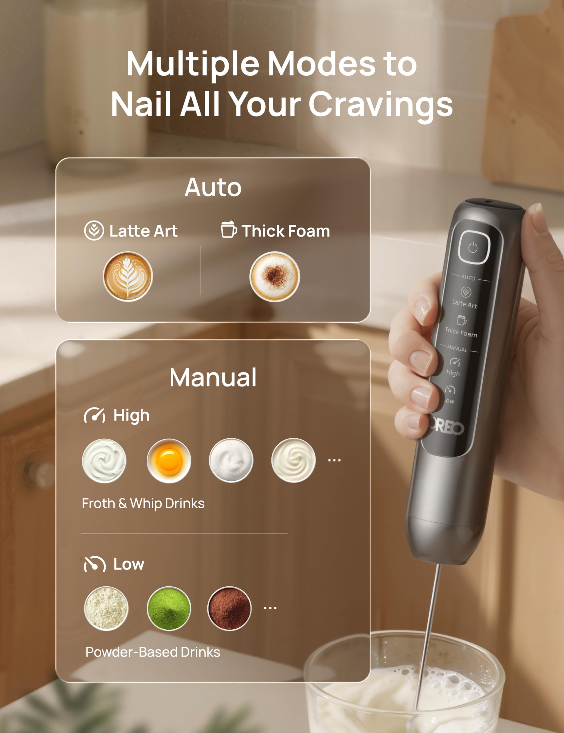 DREO Varita espumadora de leche ultrarrápida, espumador eléctrico recargable de mano con pantalla LED y 4 velocidades para microespuma de nivel de arte con leche, café, capuchino, más de 180 bebidas