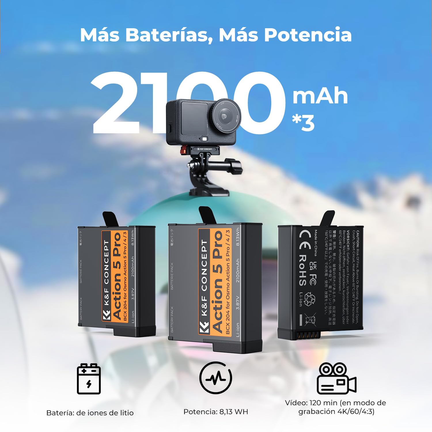 K&F CONCEPT 3 Pack Baterías 2100 mAh y Cargador Compatible con dji Cámara OSMO 360 Action 5 Pro/6/4/3 USB-C