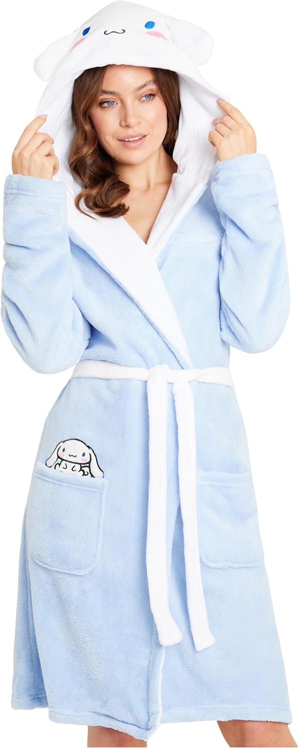 Hello Kitty Sanrio Robe for Women, Teens, Nightwear with Hood, Pockets, Kawaii Fleece Bathrobe Loungewear Gifts for Women