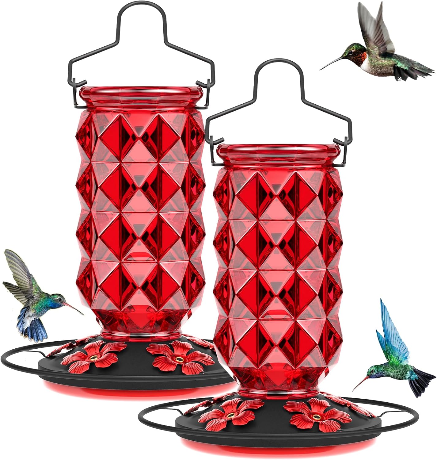 2 Pack Glass Hummingbird Feeders for Outdoors, 25 Ounces Wild Bird Nectar Feeder with Perch & 5 Flower Feeding Ports Leak Proof Hanging for Garden Backyard Decor, Gifts for Women Mom, Red