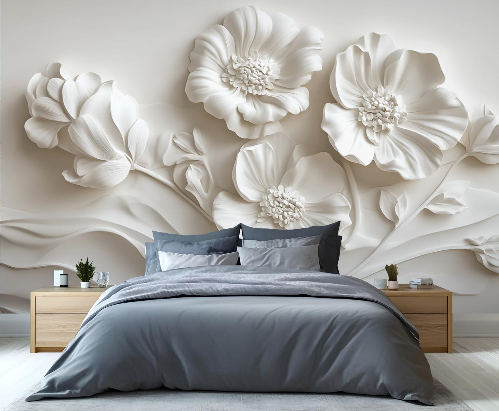 GIVLWF Floral Wallpaper, 3D Relief Flowers Self Adhesive Wallpaper for Living Room, Abstract White Wall Paper for Bedroom, Retro Wall Mural, Simple Large Mural & Room Decor โ image 1