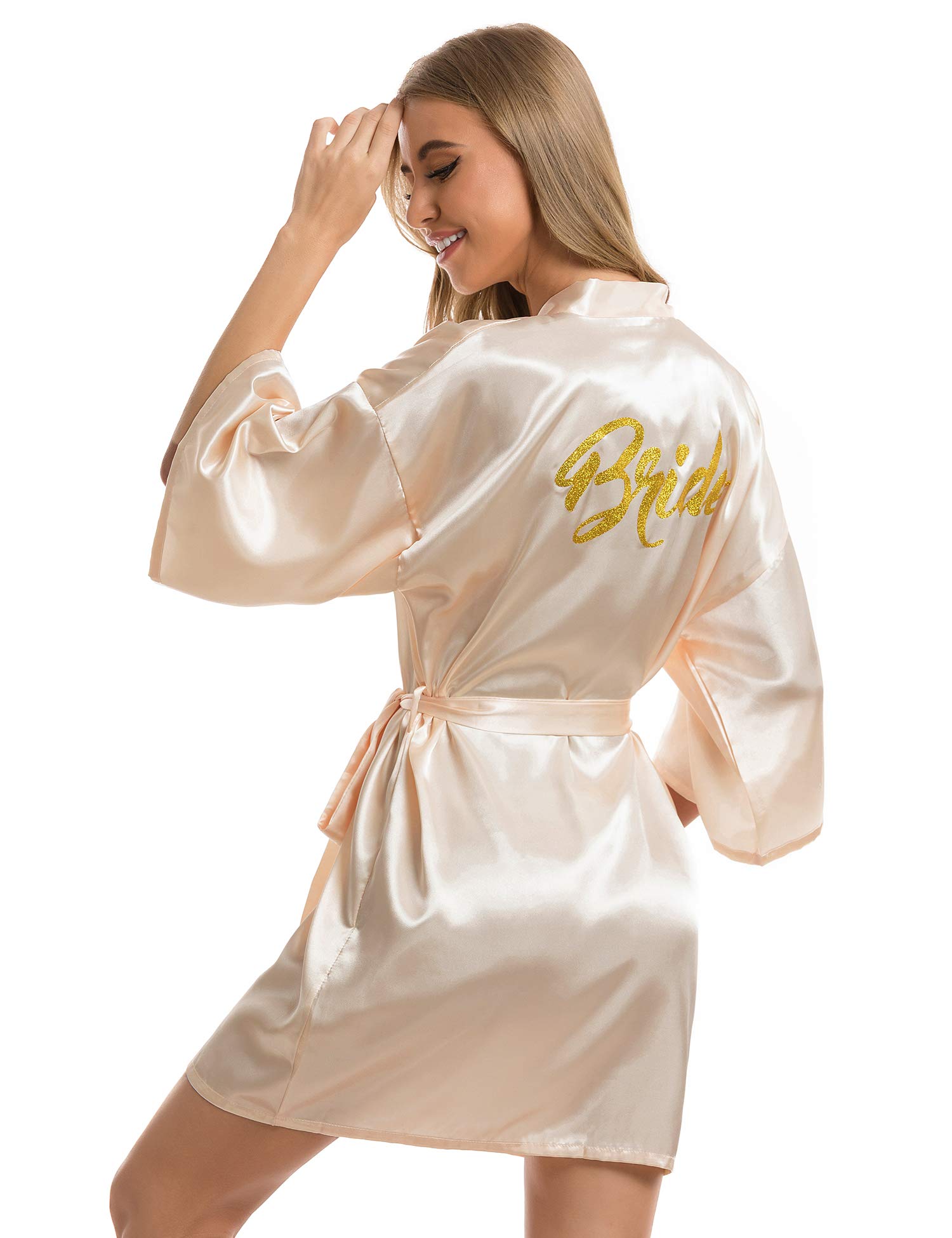 Vlazom Morgenmantel für Hochzeit Satin Kimono Badmantel für Braut&Brautjungfern Damen Robe mit Gürtel V Ausschnitt Morgenmantel für Hochzeit Party Pool Party und Pajama Party