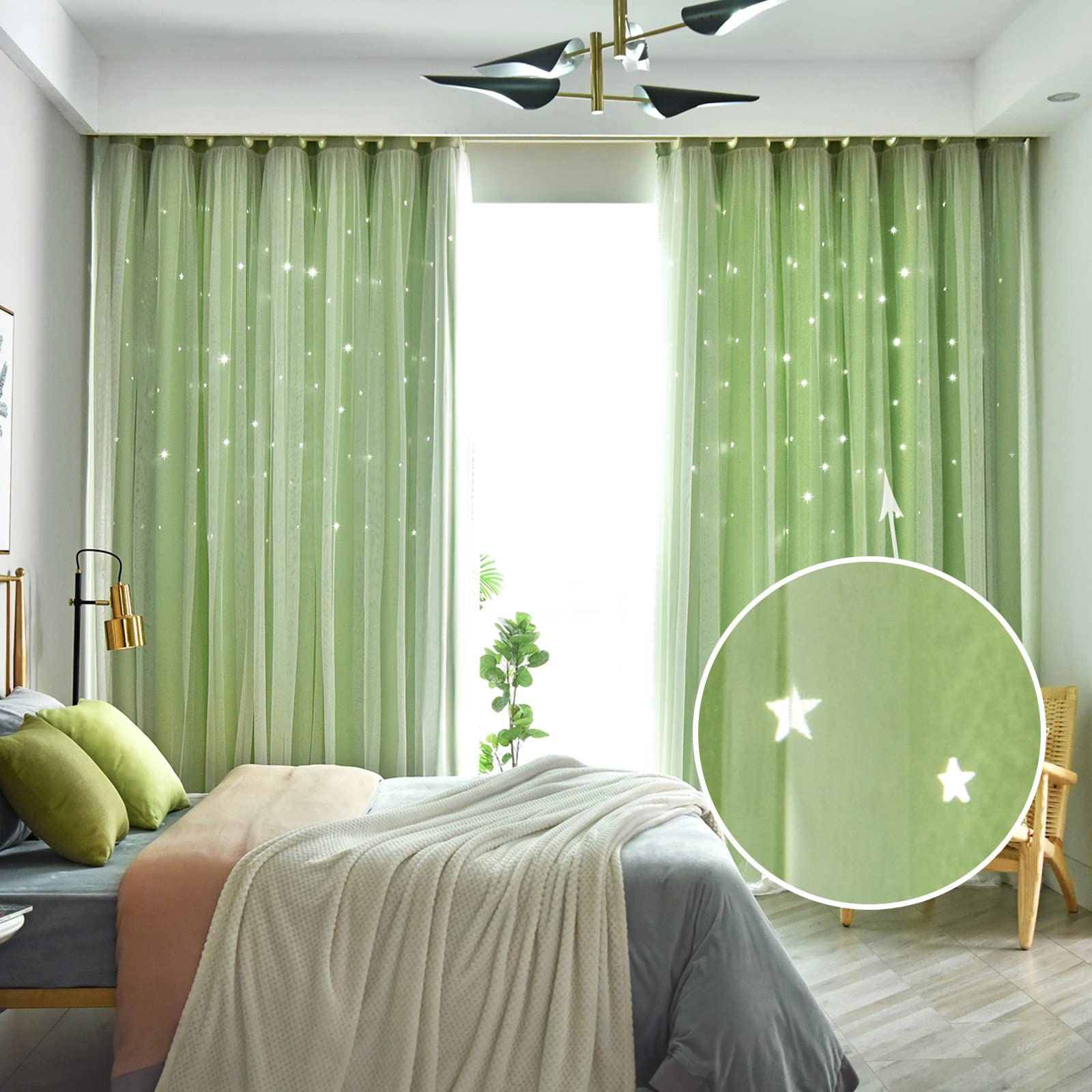 Lanqinglv Star Blackout Curtains with Nets,Green Star Panels Nursery Double Layer Window Curtains for Kids Girls Room Bedroom Living Room Decoration,2 Panels,W 52 in x L 63 in