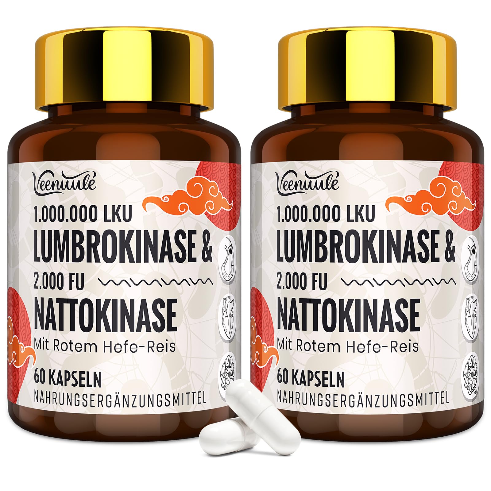Lumbrokinase 100 mg Par Portion (1 000 000 LKU) avec Nattokinase 100 mg (2 000 FU), Sans OGM, Sans Gluten, 120 Gélules
