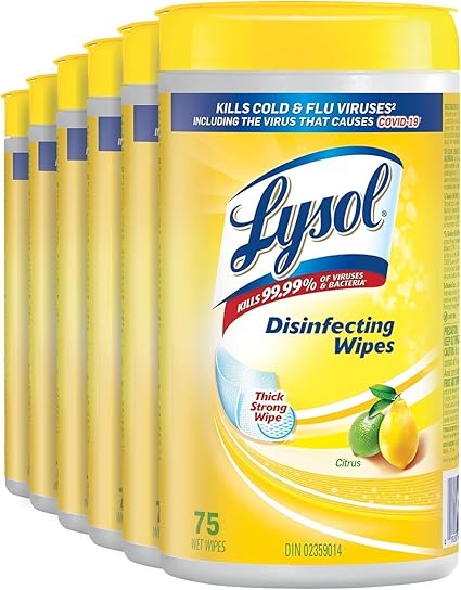 Lysol® Disinfecting Wipes, Citrus, (6 x 75 wet wipes) = 450 wet wipes, Pack of 6, Kills 99.99% of viruses and bacteria*, Thick Strong Wipe