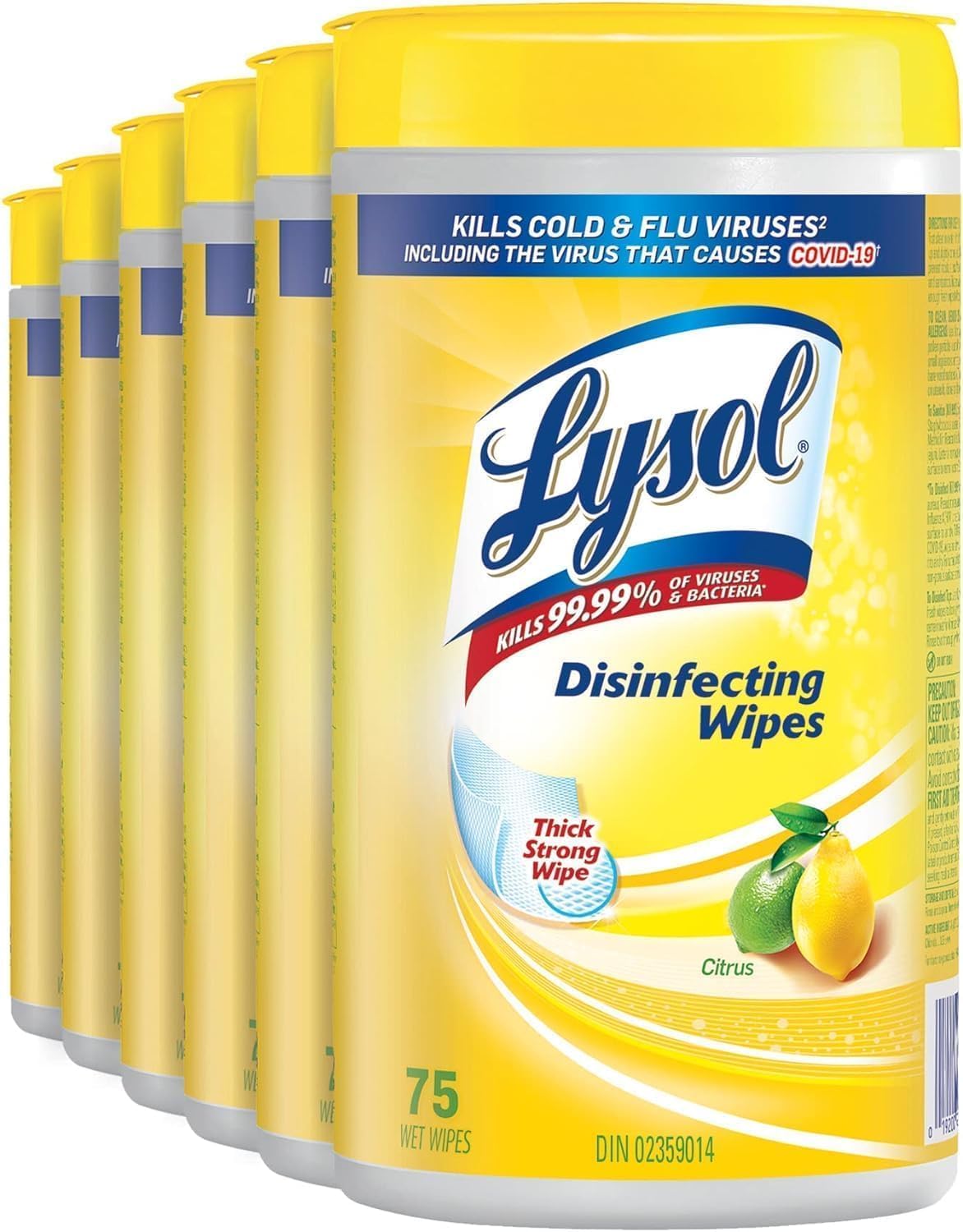 Lysol® Disinfecting Wipes, Citrus, (6 x 75 wet wipes) = 450 wet wipes, Pack of 6, Kills 99.99% of viruses and bacteria*, Thick Strong Wipe