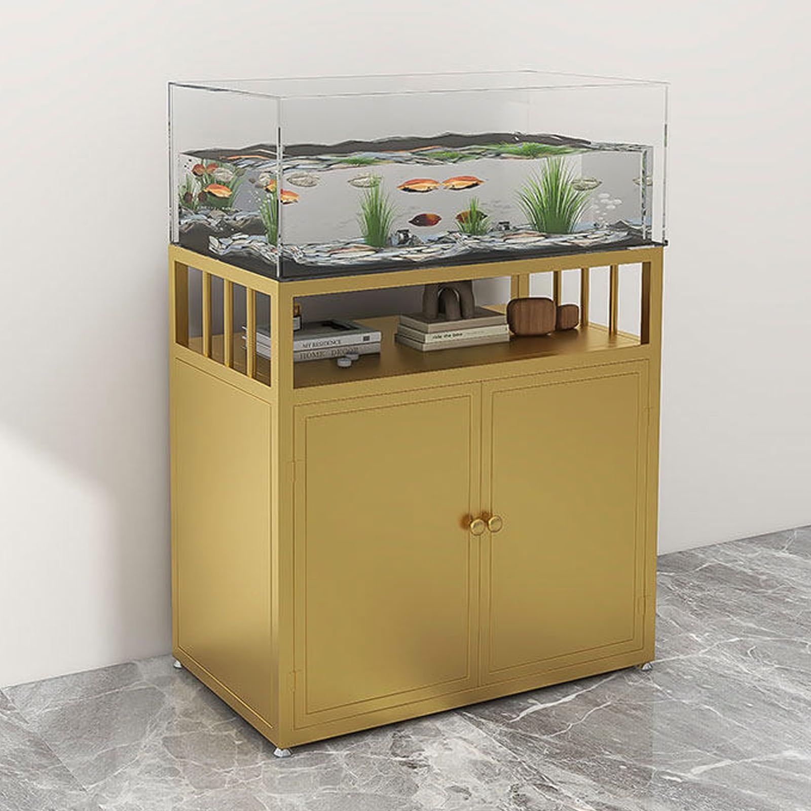 Metalowy Stojak na Akwarium z Półką, Dwupoziomowy Żelazny Stojak na Terrarium z Dwoma Półkami i Tylną Szczeliną, do Salonu i Biura(White,60*30*70cm)
