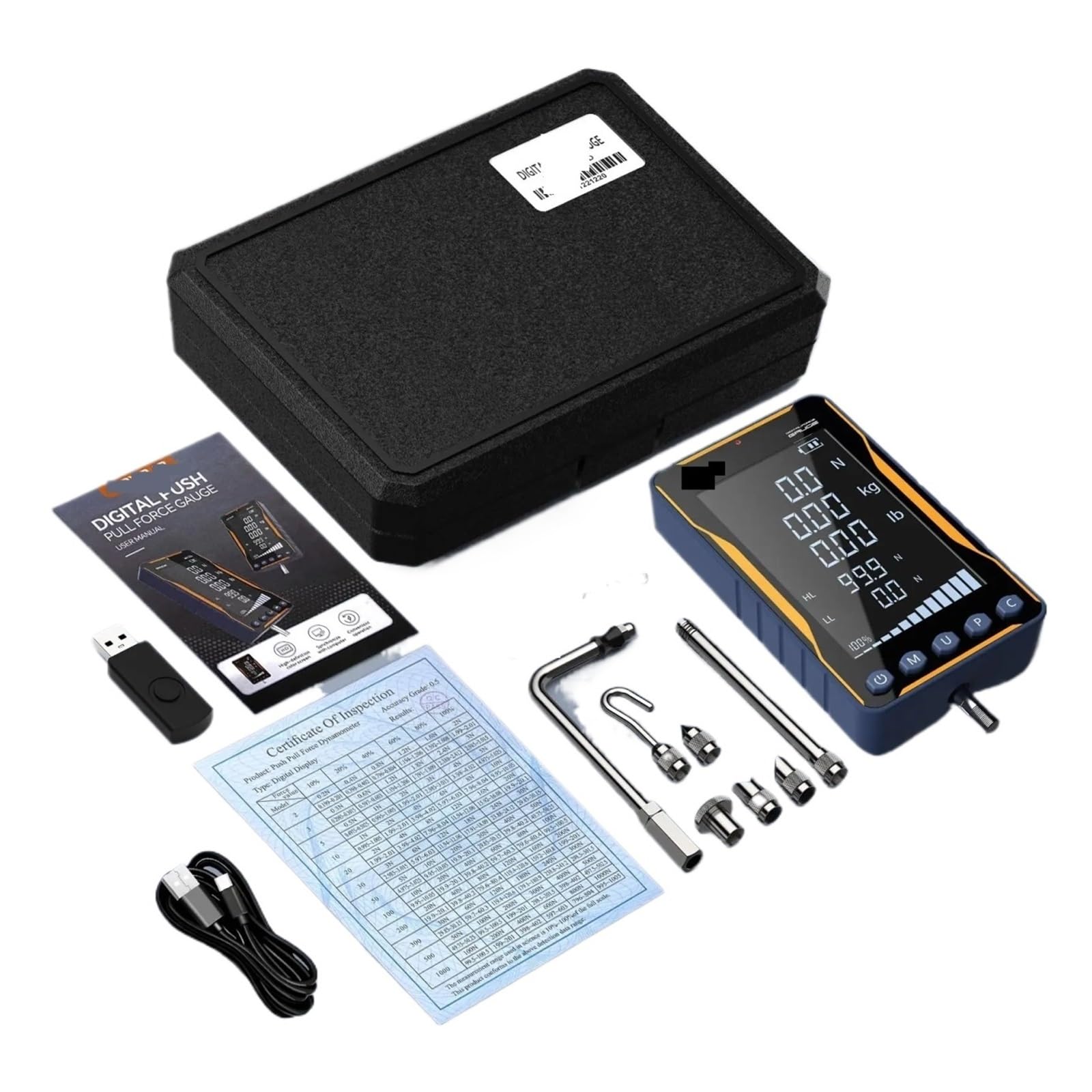 Medidor de Fuerza Digital 500N con Pantalla Extragrande y Fuente en Negrita para Pruebas de vaivén, medición de tracción del gatillo con precisión del 0,5%