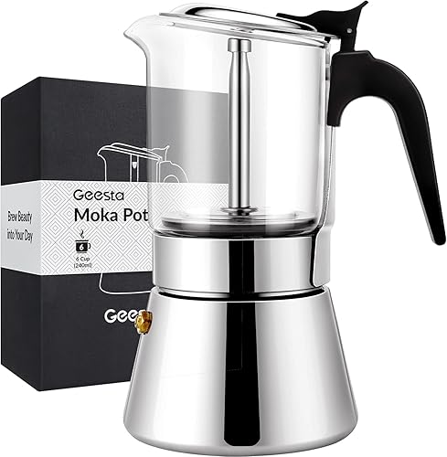Vista 10 de Geesta Premium Olla de espresso para estufa con tapa de cristal - 4/6/9 tazas - Cafetera de acero inoxidable - 160ml/5.6oz/4 tazas