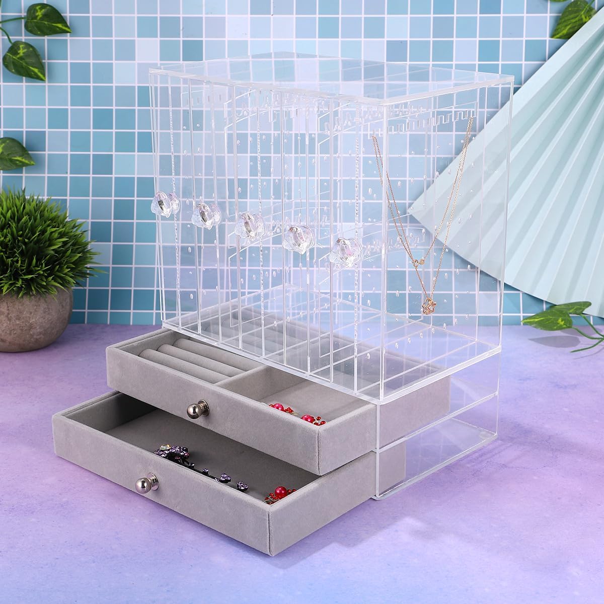 BESPORTBLE Acrylic Jewelry Display Stand with Doors and Transparent Jewelry Storage Holder for Rings and Necklaces Desktop Organizer Box for Home Shop and Makeup Storage