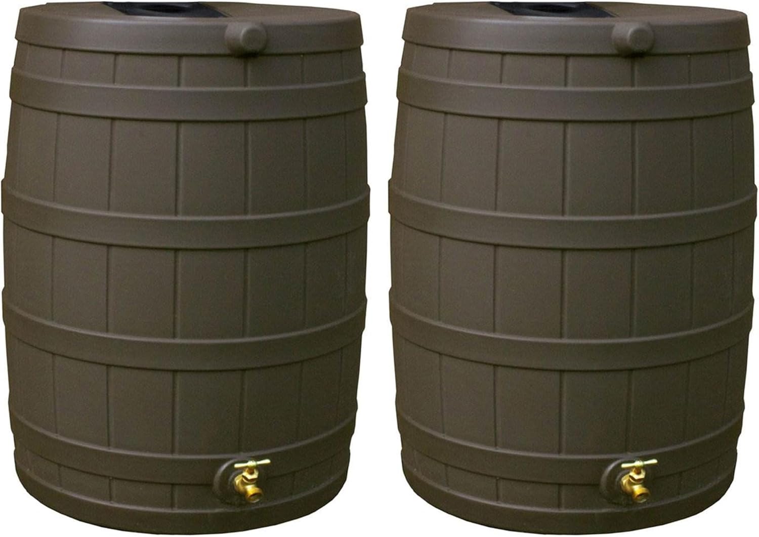 Good Ideas Rain Wizard 40 Gallon Plastic Outdoor Home Rain Water Storage Collection Barrel Drum with Brass Spigot, Oak (2 Pack)