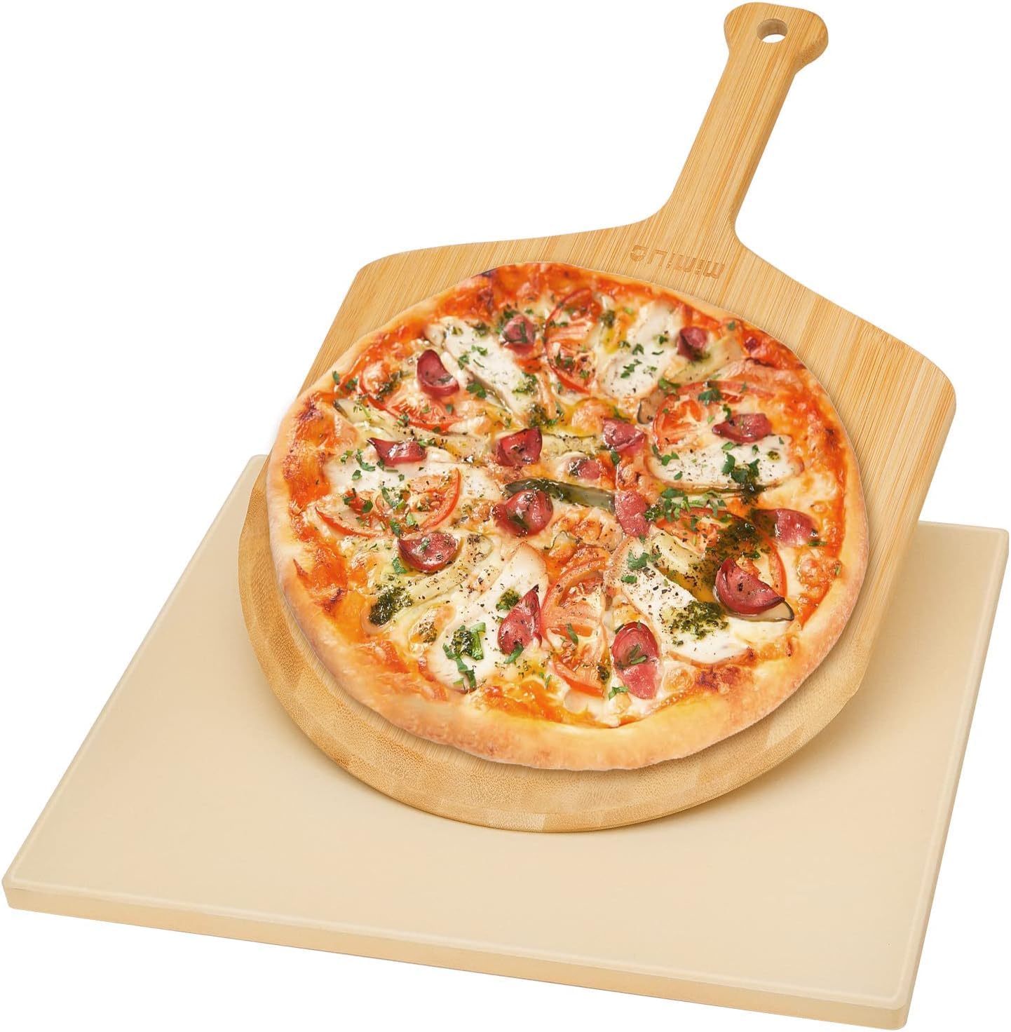 16 x 14 Inch Pizza Stone with 15 Inch Bamboo Pizza Peel, Pizza Grilling Tool Kit