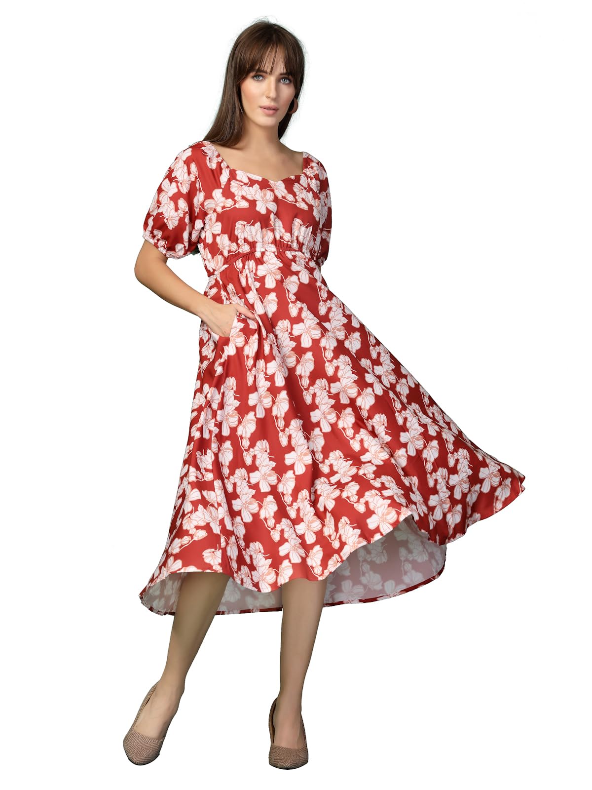Oomph! Flared Dress For Women Stylish | Long One Piece For Women | Puff Sleeve Long Dress | Floral Print Maxi One Piece | Western & Fusion Wear
