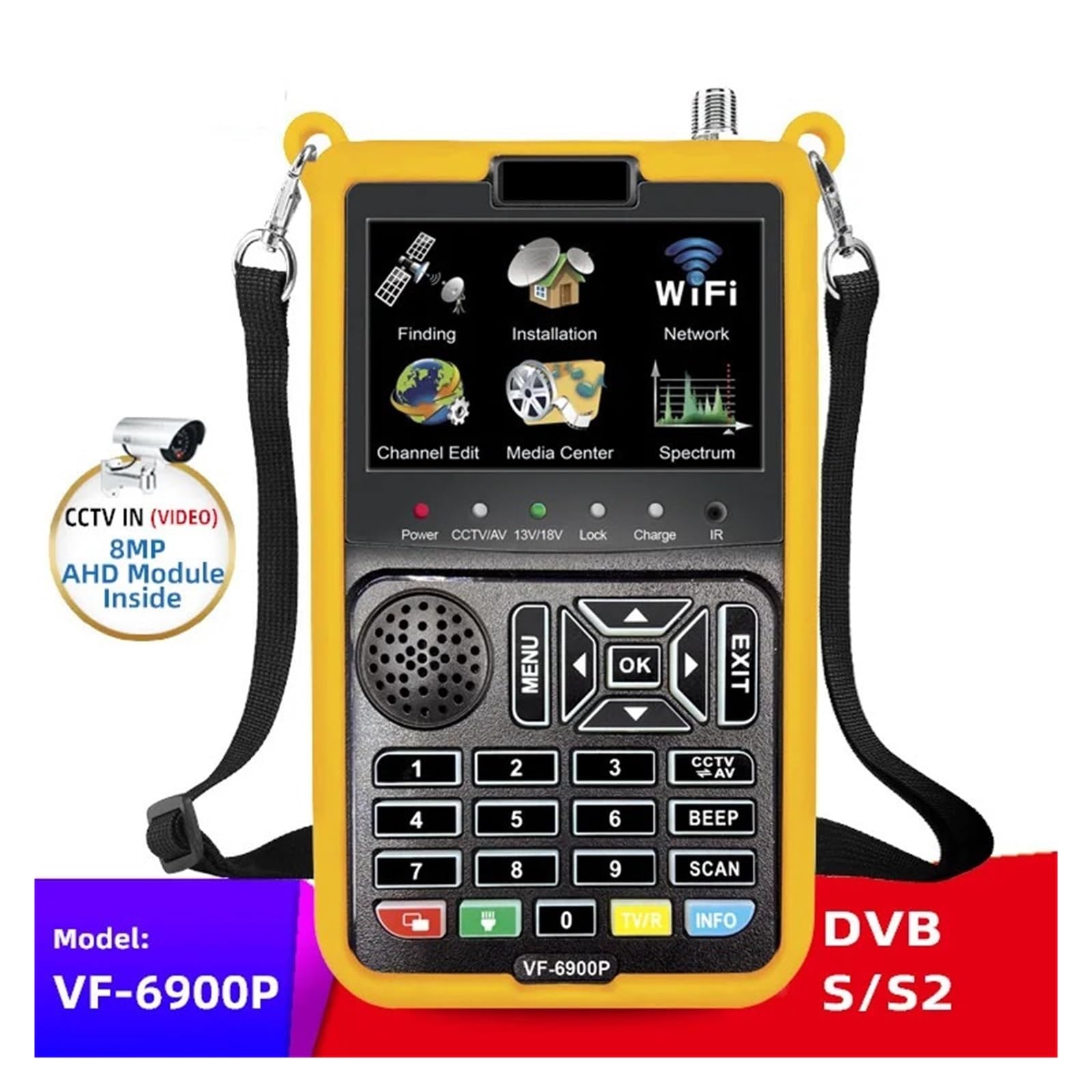 VF-6900 Receptor de TV satelital DVB-S2 CCTV AHD, TVI y CVI Pantalla cámara HD Buscador satélite H.264 Medidor buscador Localizador de señal
