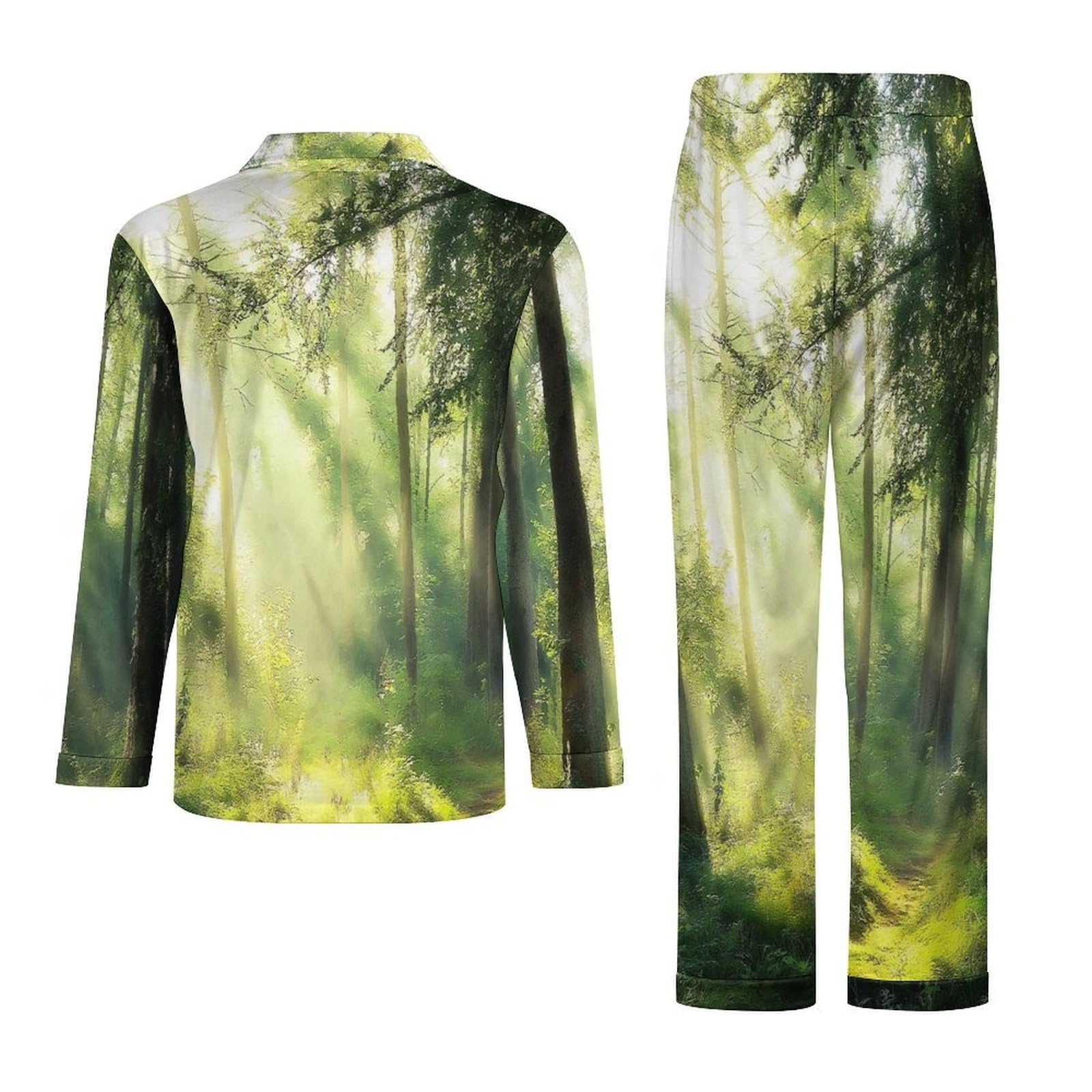 OLEETS Pigiama A Maniche Lunghe da Uomo - Foresta Verde Completo da Notte Pantaloni Caldo Invernale Comodo con Tasche Top Morbido E Ampio 2 Pezzi
