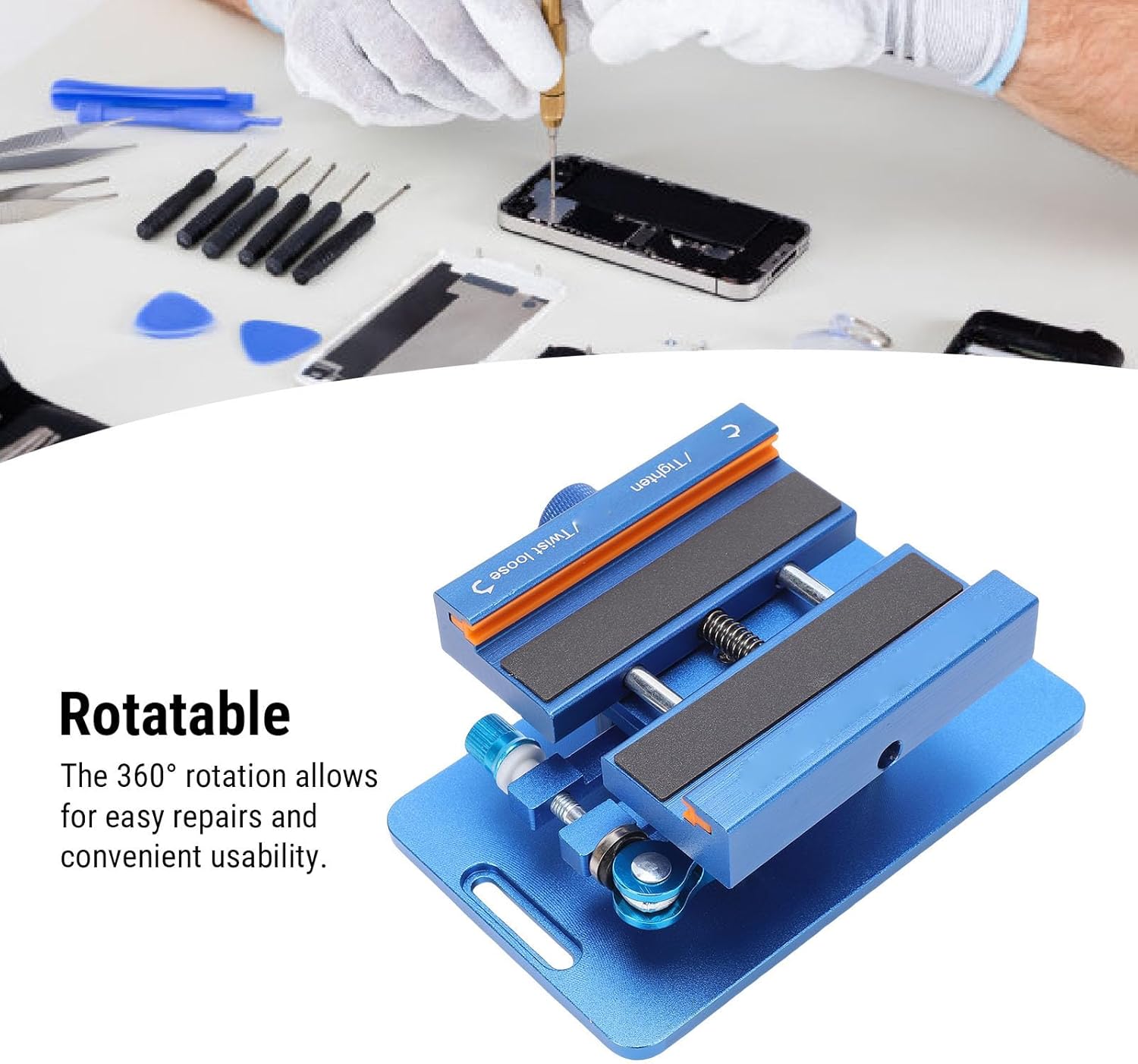 Phone Back Cover Removal Tool, 360 Degree Rotating Clamp for Screen Separator Opener with Soft Rubber Padding, Universal Repair Holder for Smartphones Up to 9cm Width