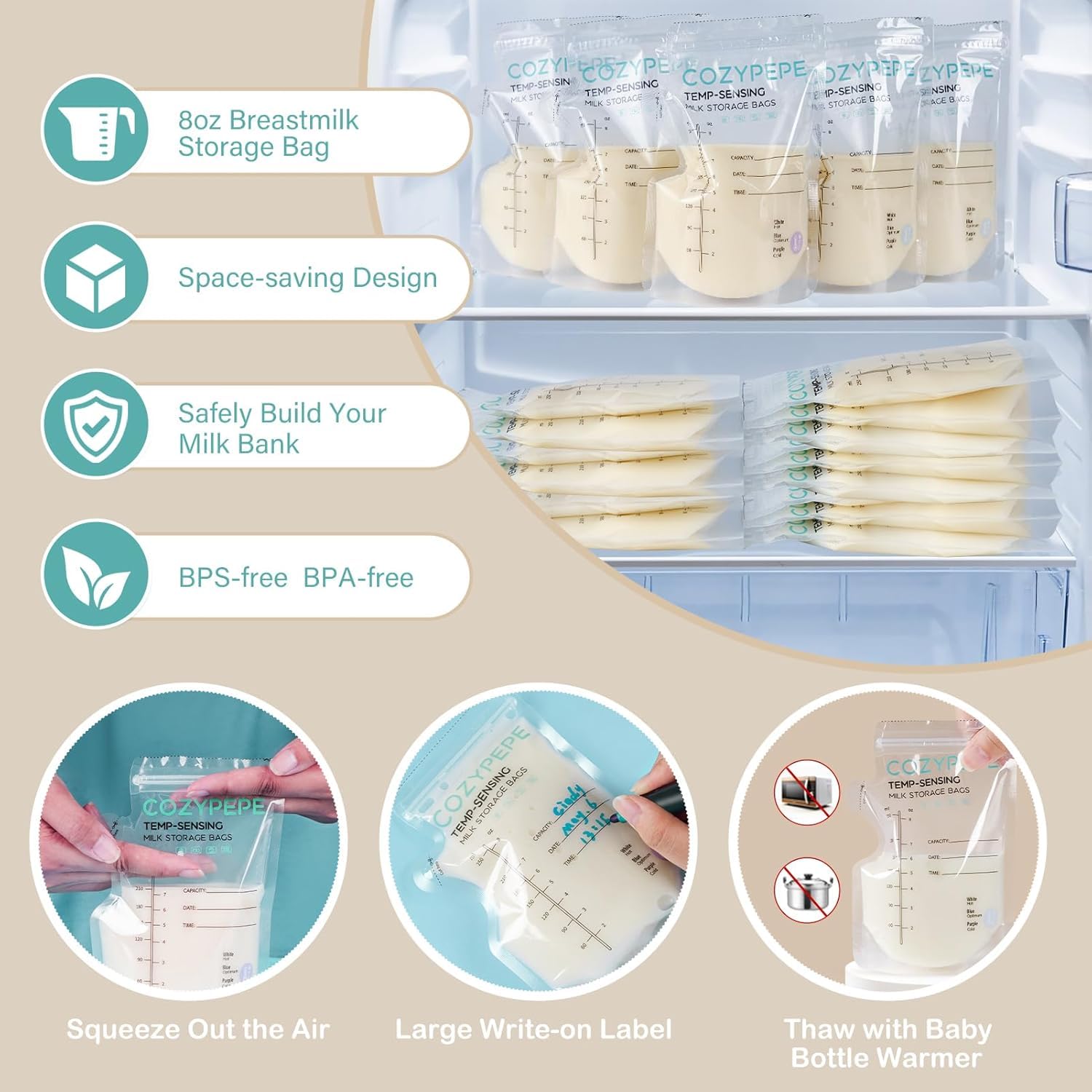 Sacchetti Latte Materno 250ml con Beccuccio, 50 Pezzi, Senza BPA, Rilevamento Temperatura