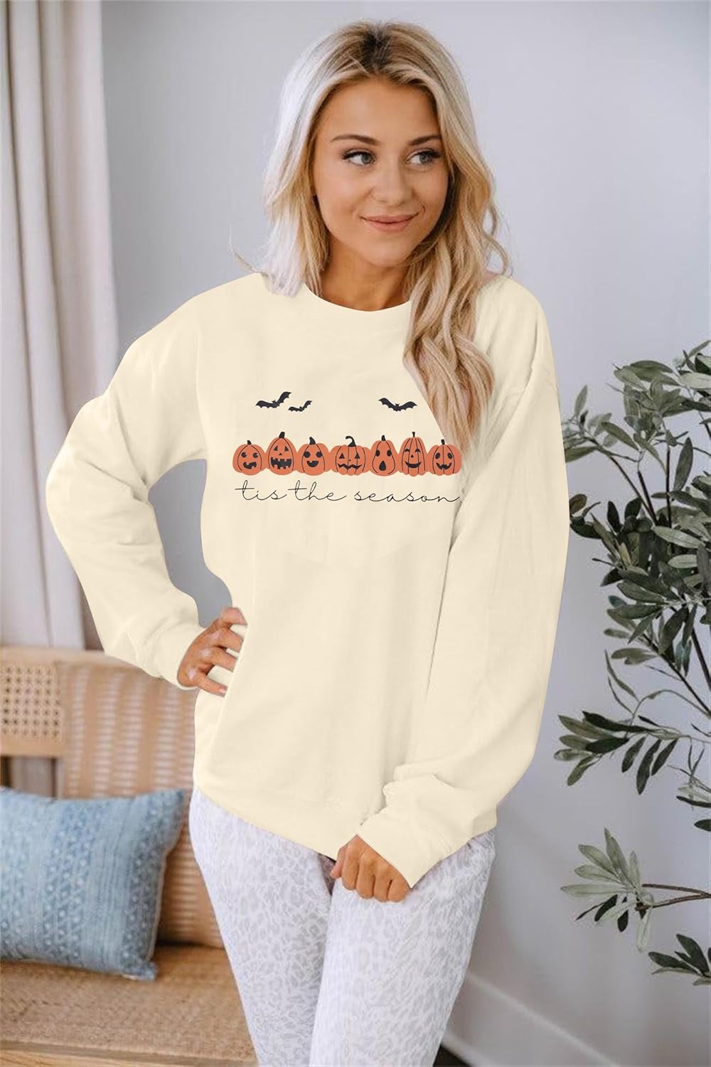 Women's Halloween Pumpkin Face Long Sleeve Spooky Sweatshirts Lightweight Casual Pullover Tops - Image 4