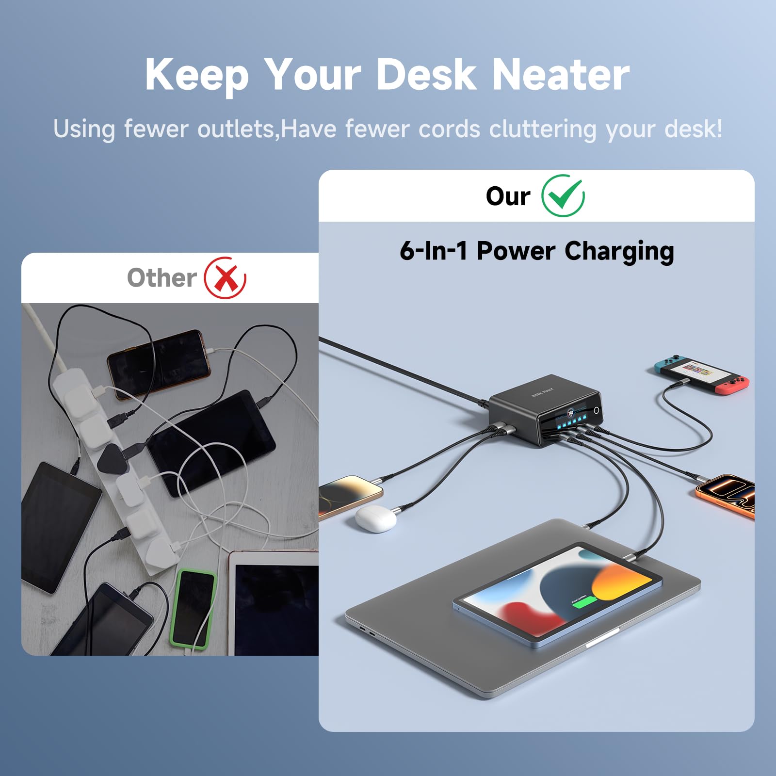 Cargador GaN de 240 W, cargador USB C de 6 puertos con puerto PD 3.1 máximo de 140 W, adaptador de estación de carga de escritorio para MacBook Pro/Air M3/M2, portátiles, iPhone 17/16, Galaxy S24/S23