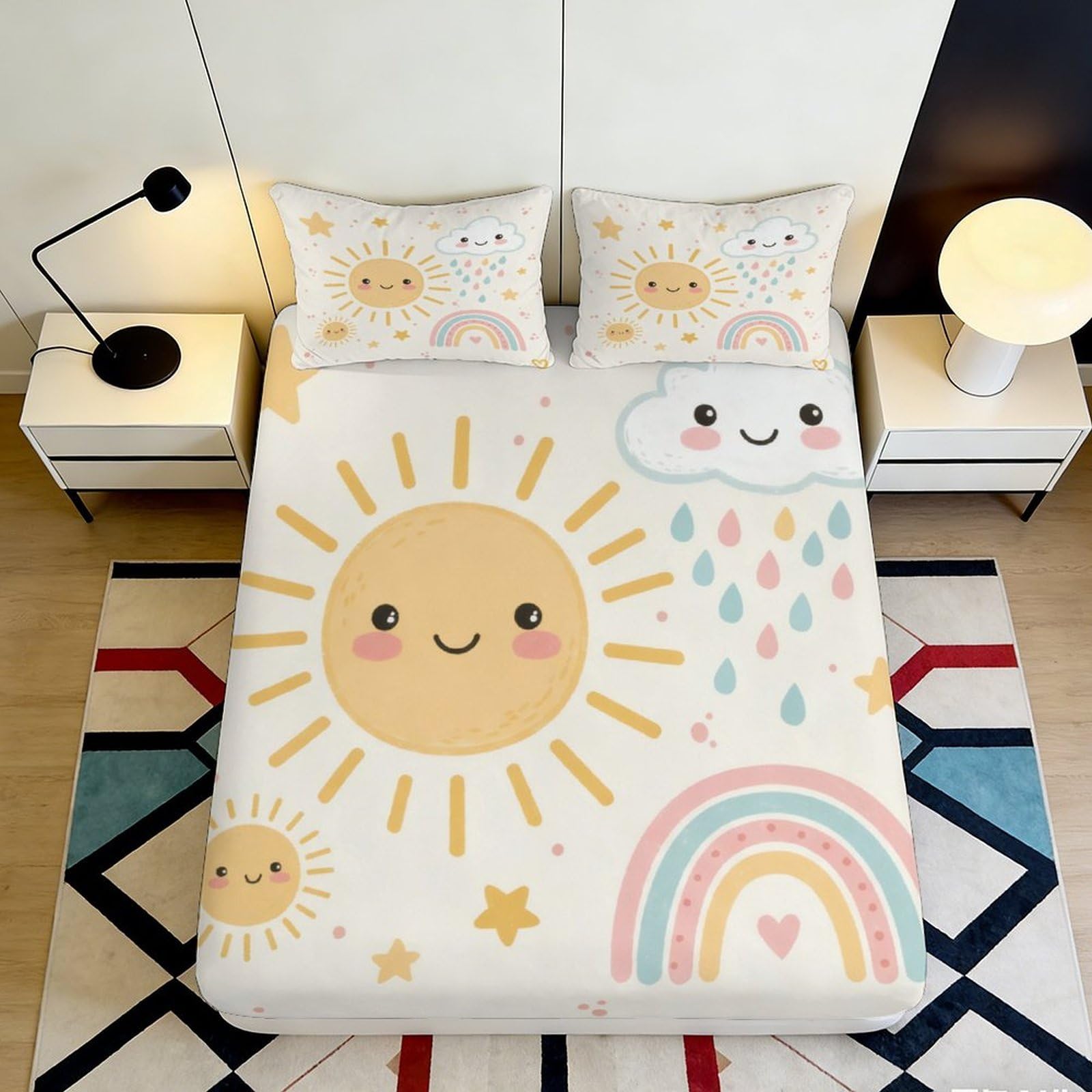 3D Printed Cute Sun and Rainbow Fitted Sheet Microfiber Soft Breathable Smiling Cloud Mattress Cover for Bedroom Dormitory Guest Room Bed Protection 140x200x25cm