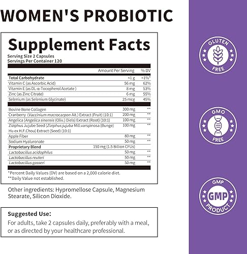 Miniatura 2 de Probióticos para mujeres pH equilibrio con lactobacillus y prebióticos y colágeno y arándano probiótico para mujer, para digestión* e inmunidad*,