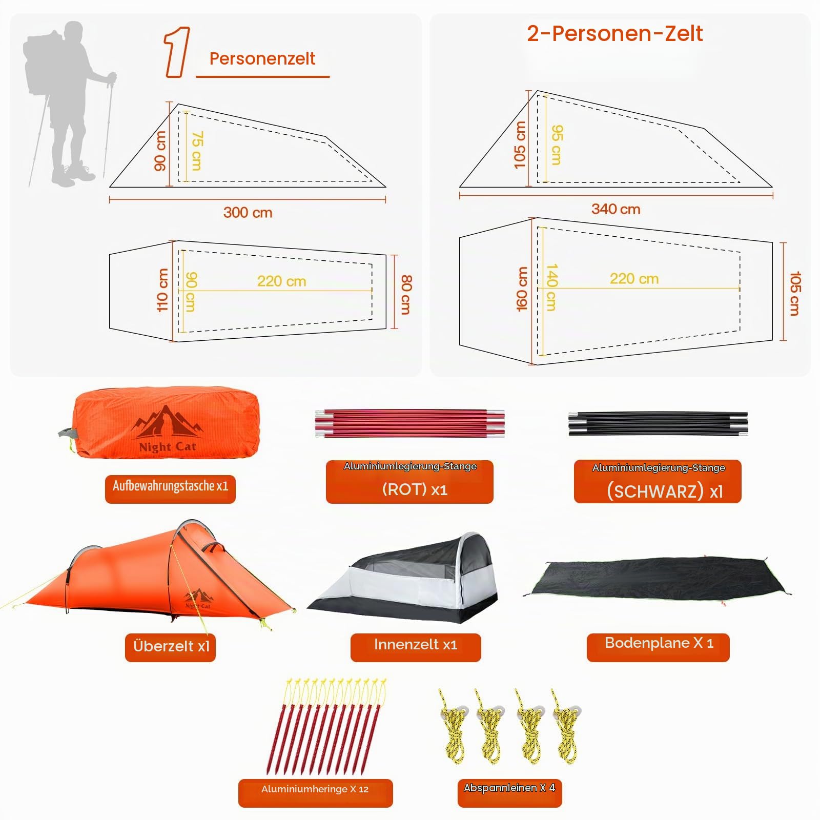 Night Cat Tunnelzelt 1 Personen Wasserdicht: Ultraleichtes Zelt Silnylon 15D 5000MM 1.5 KG für Fahrradtour Kleines Packmaß Camping Trekking