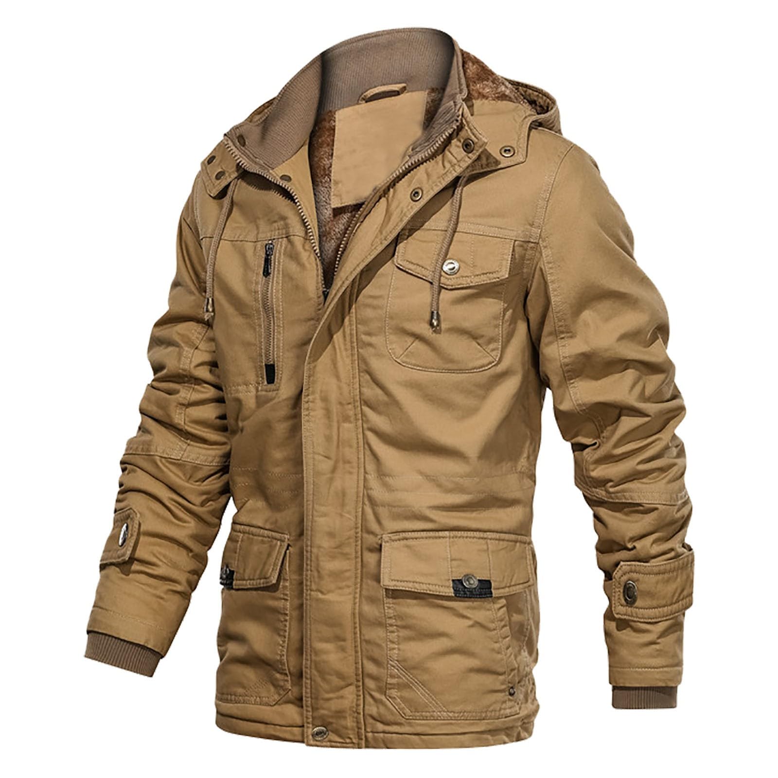 Generico Giacca Casual Maniche Lunghe Cappuccio Foderata Spessa Ideale Sport Autunno Inverno Abbigliamento Maschile (Khaki, XXL)