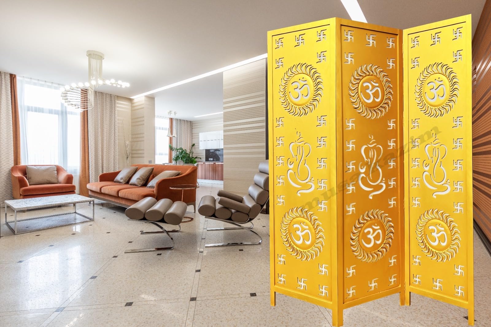 Musa Kazim Wooden Partition/Wall Screen / 3 Panel Partition/Room Separators/Living Room/Wooden Room Wall Divider | Wooden Hall Partition Furniture (Golden/White)(20x72 Inch)-image-25